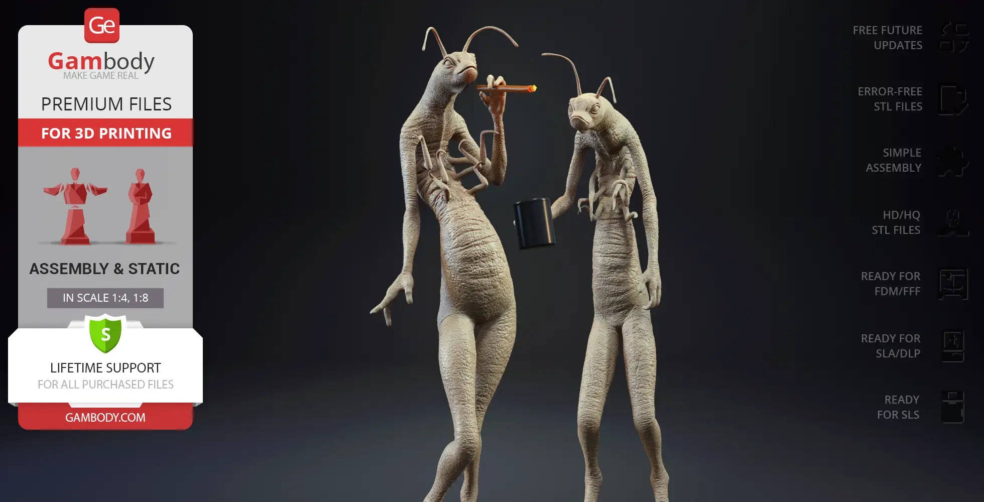 Two humanoid worm-like creatures; one smokes, the other holds a cup. 3D model for printing.
