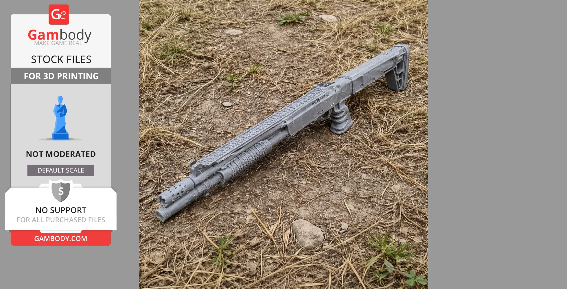 A 3D-printed model of a Baikal MP-135 shotgun placed on dry grass.