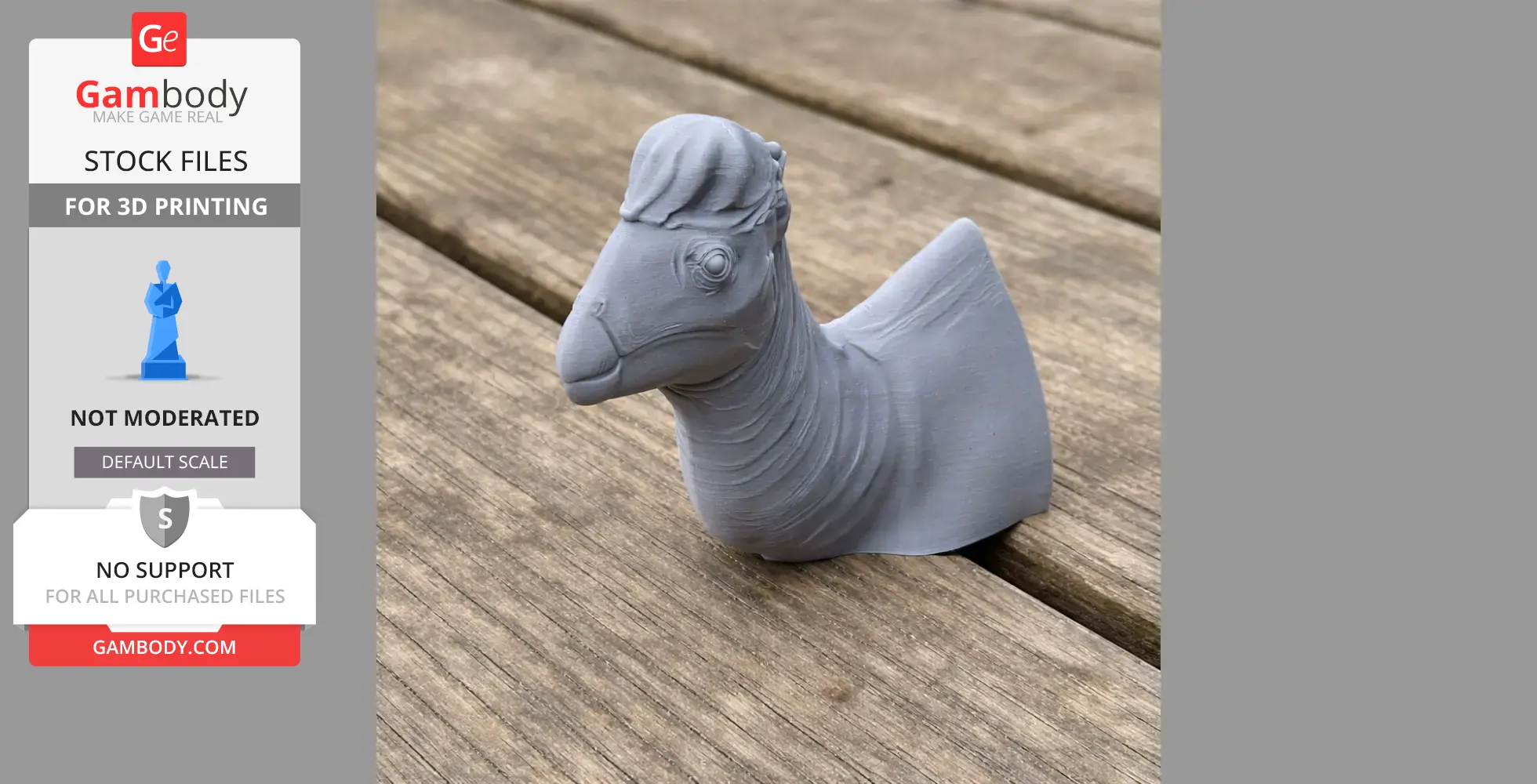 3D printed dinosaur bust with textured skin and distinct features on a wooden surface.