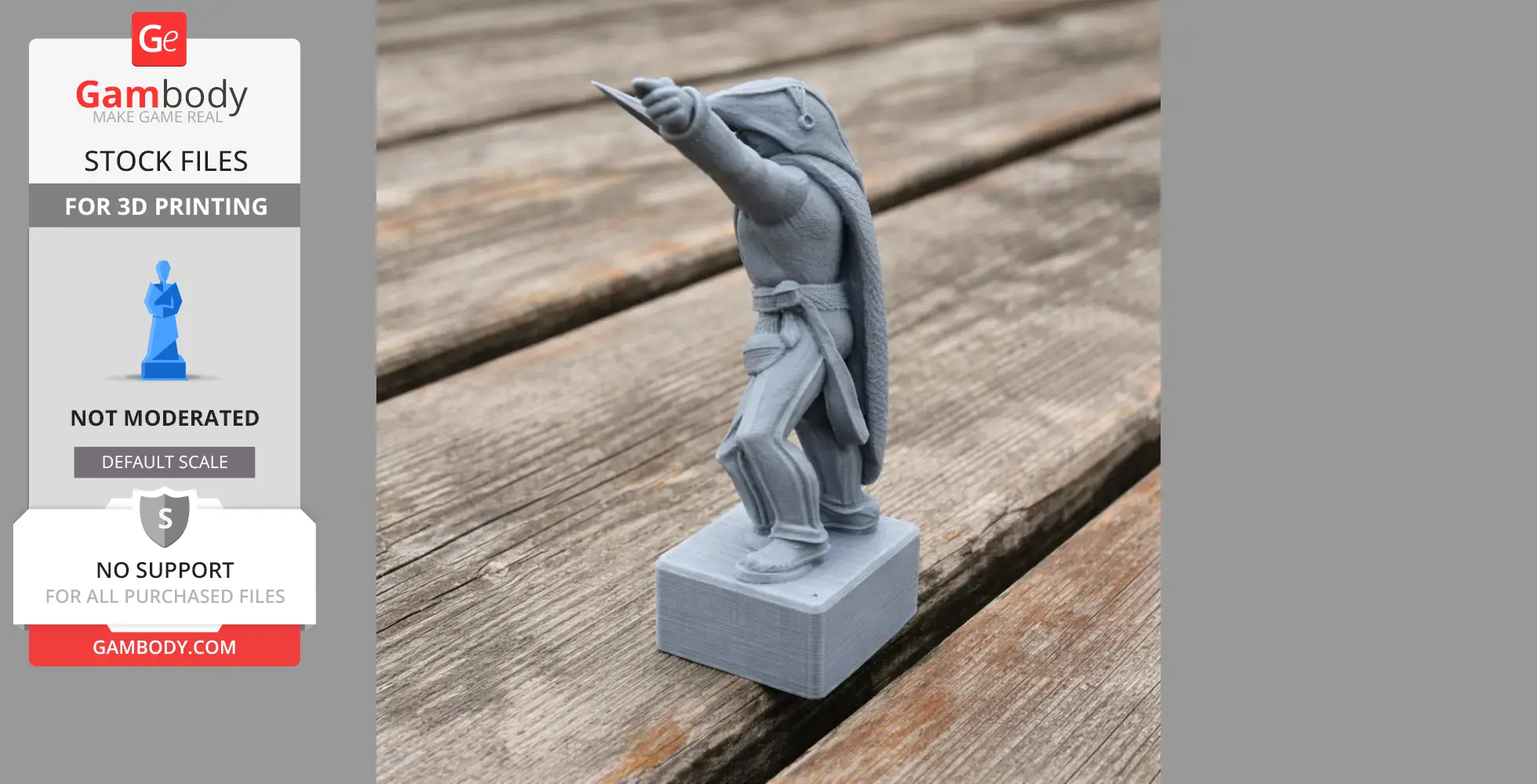 3D-printed Napoleonic soldier figure with raised arm, wearing a cloak, on a wooden surface.