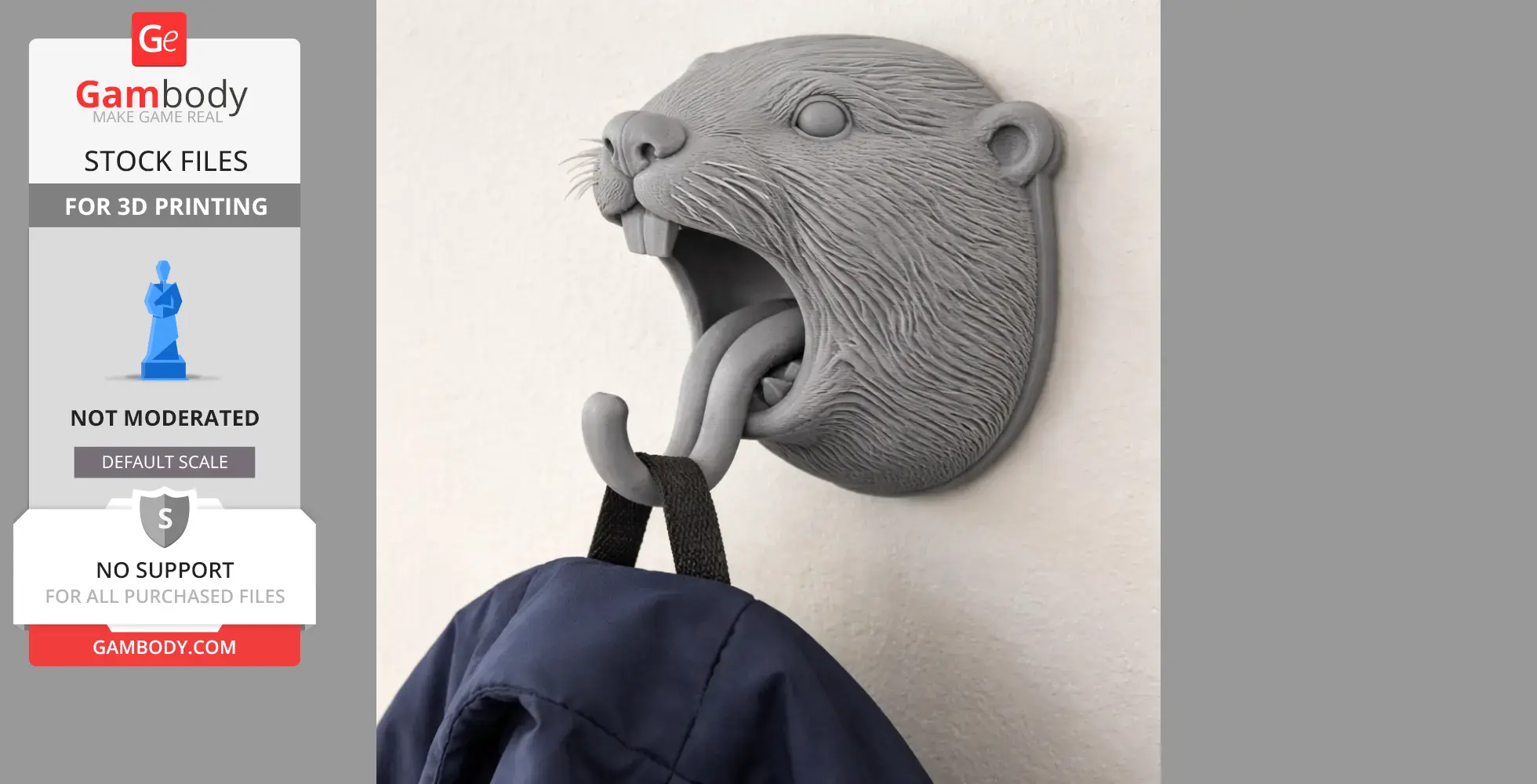 3D printed wall hook shaped like a beaver head, holding a jacket.