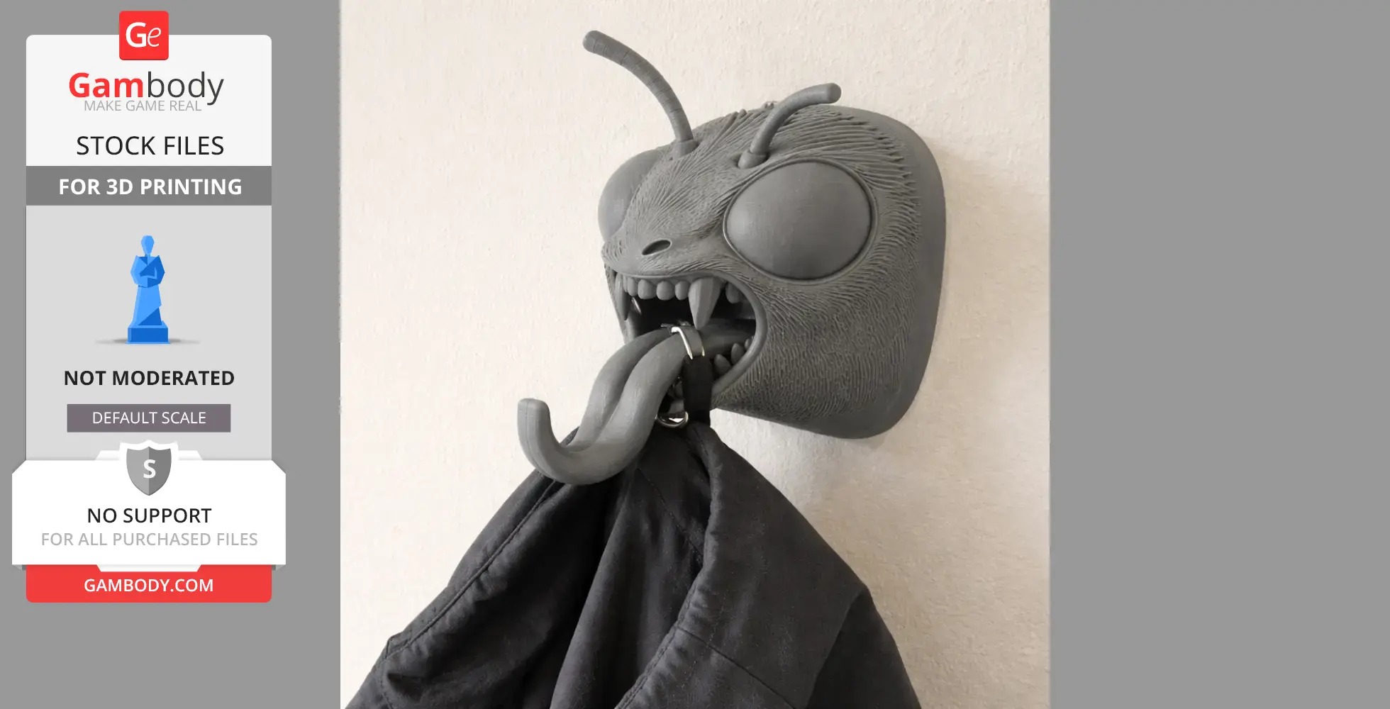 A 3D-printed bee head hook with large eyes and open mouth holding a jacket.