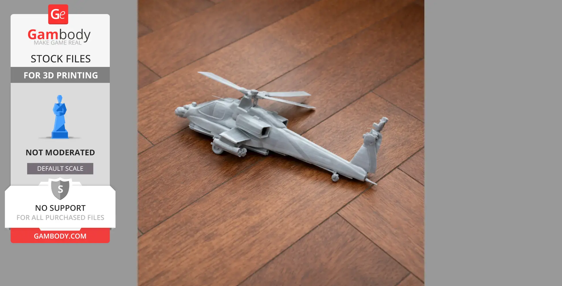 A 3D printed model of a Westland Apache helicopter on a wooden surface.
