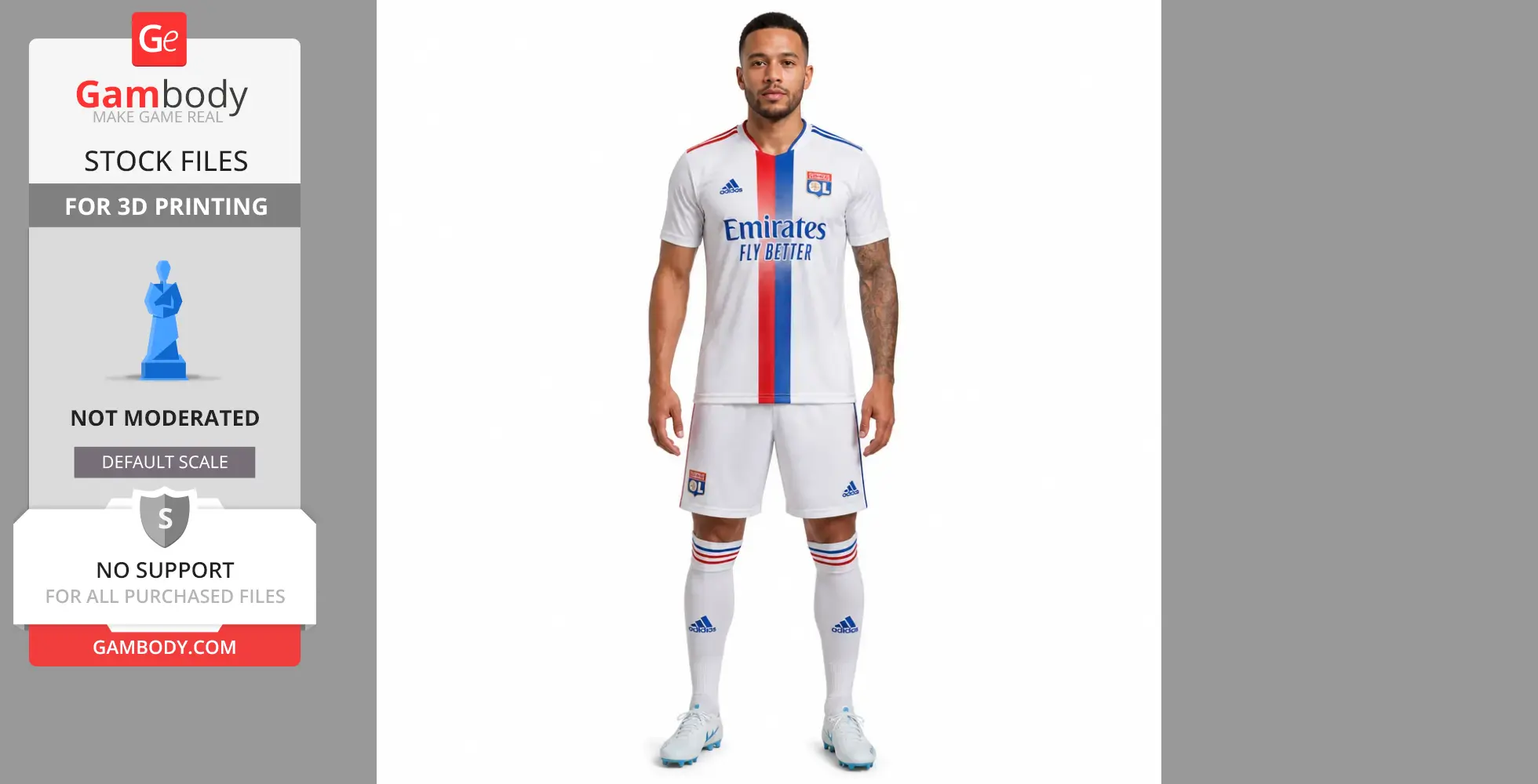 Football player model in Lyon's white jersey with colored vertical stripes, for 3D printing.