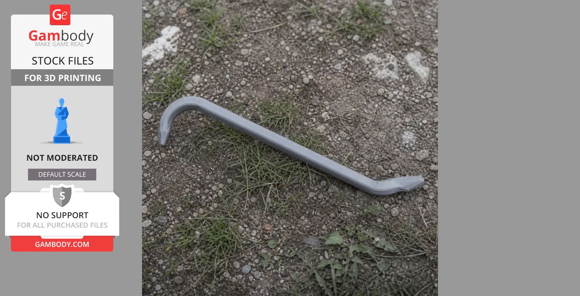 Metallic crowbar resting on gravel with patches of grass.