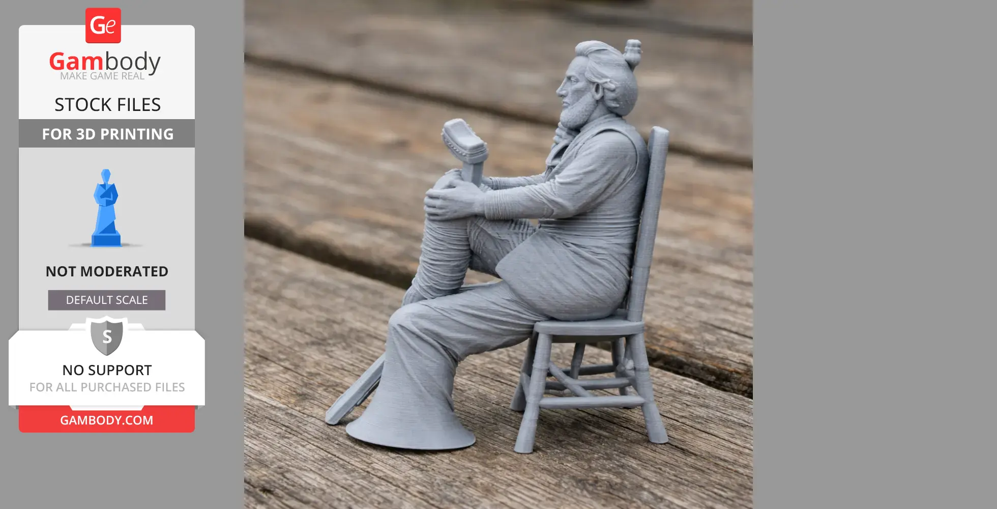 A 3D-printed cowboy figure sitting on a chair, resting a booted foot on the other knee.