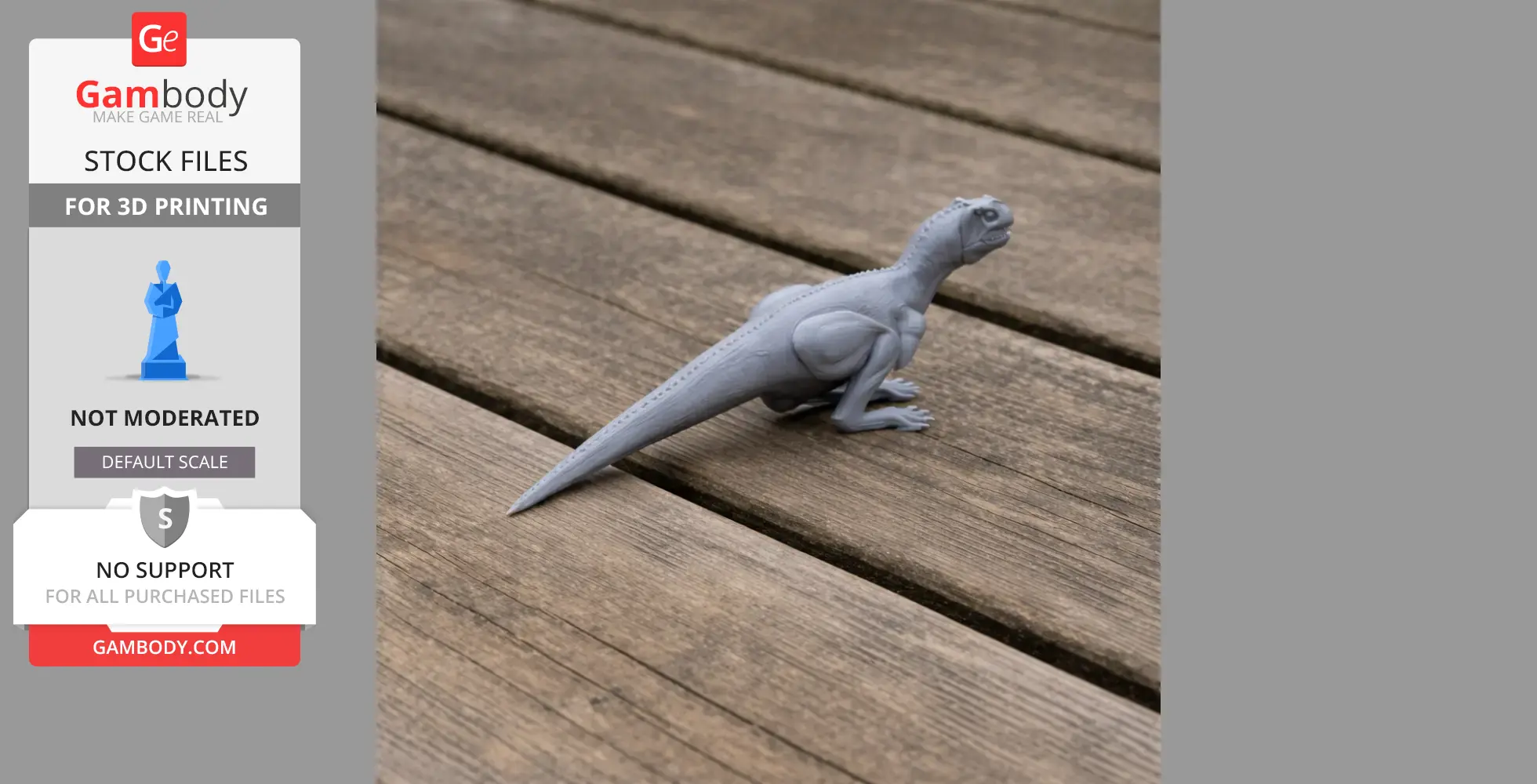 Gray 3D-printed dinosaur model on a wooden surface.