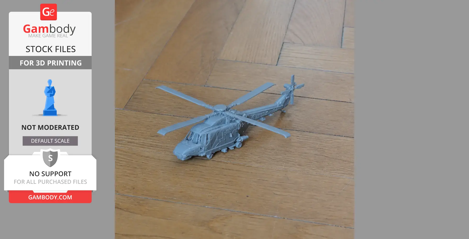 Gray 3D-printed model of a Westland Lynx helicopter on a wooden floor.