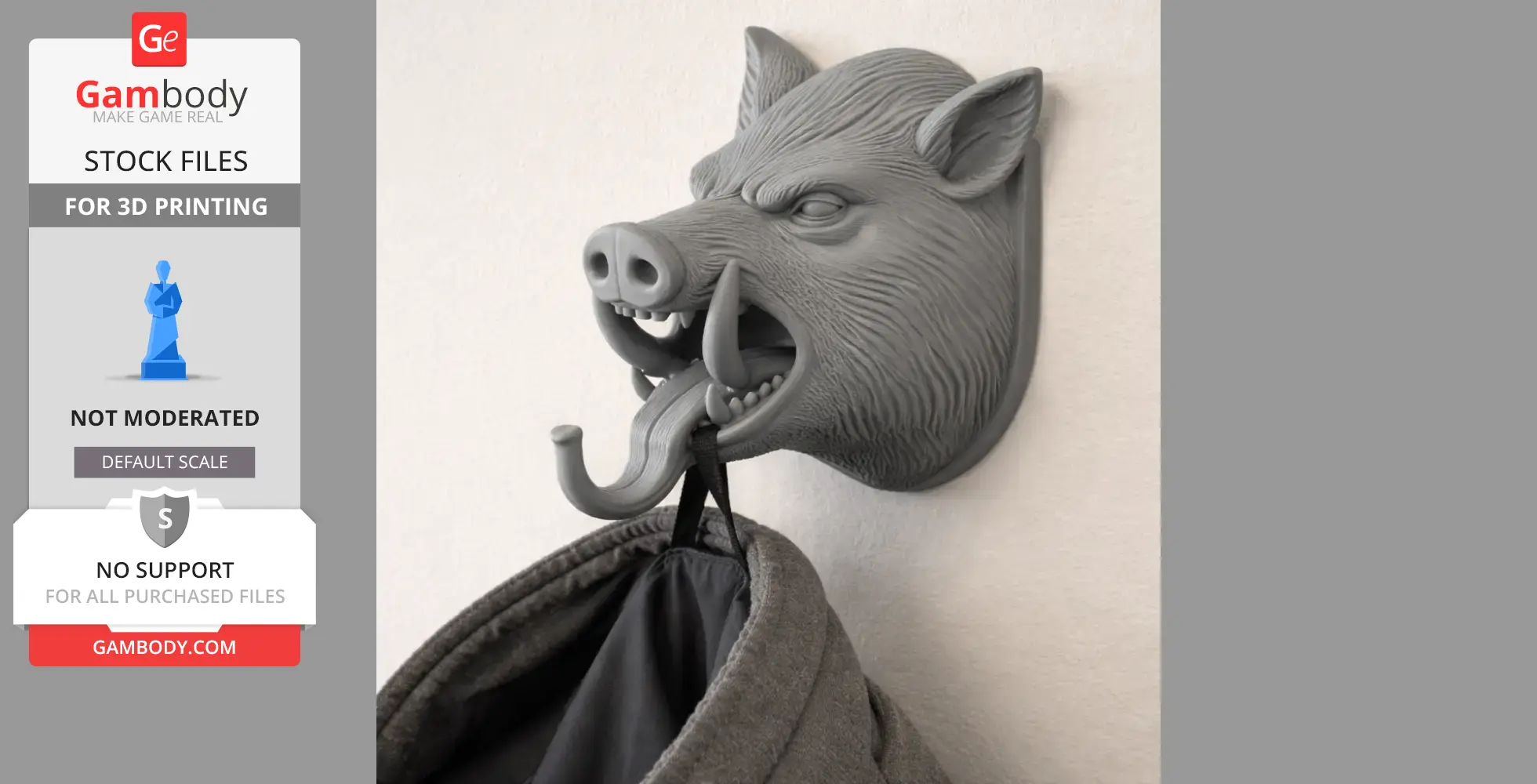 Wall-mounted boar head with hook, used as a coat hanger.