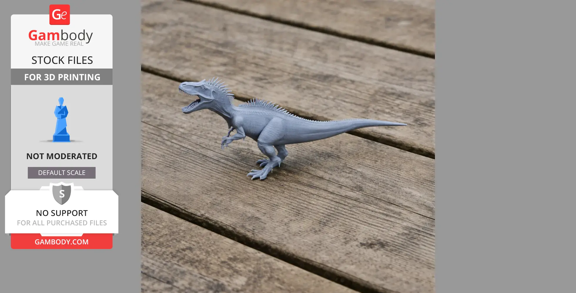 Gray 3D-printed model of an Irritator dinosaur with spikes, standing on wooden planks.