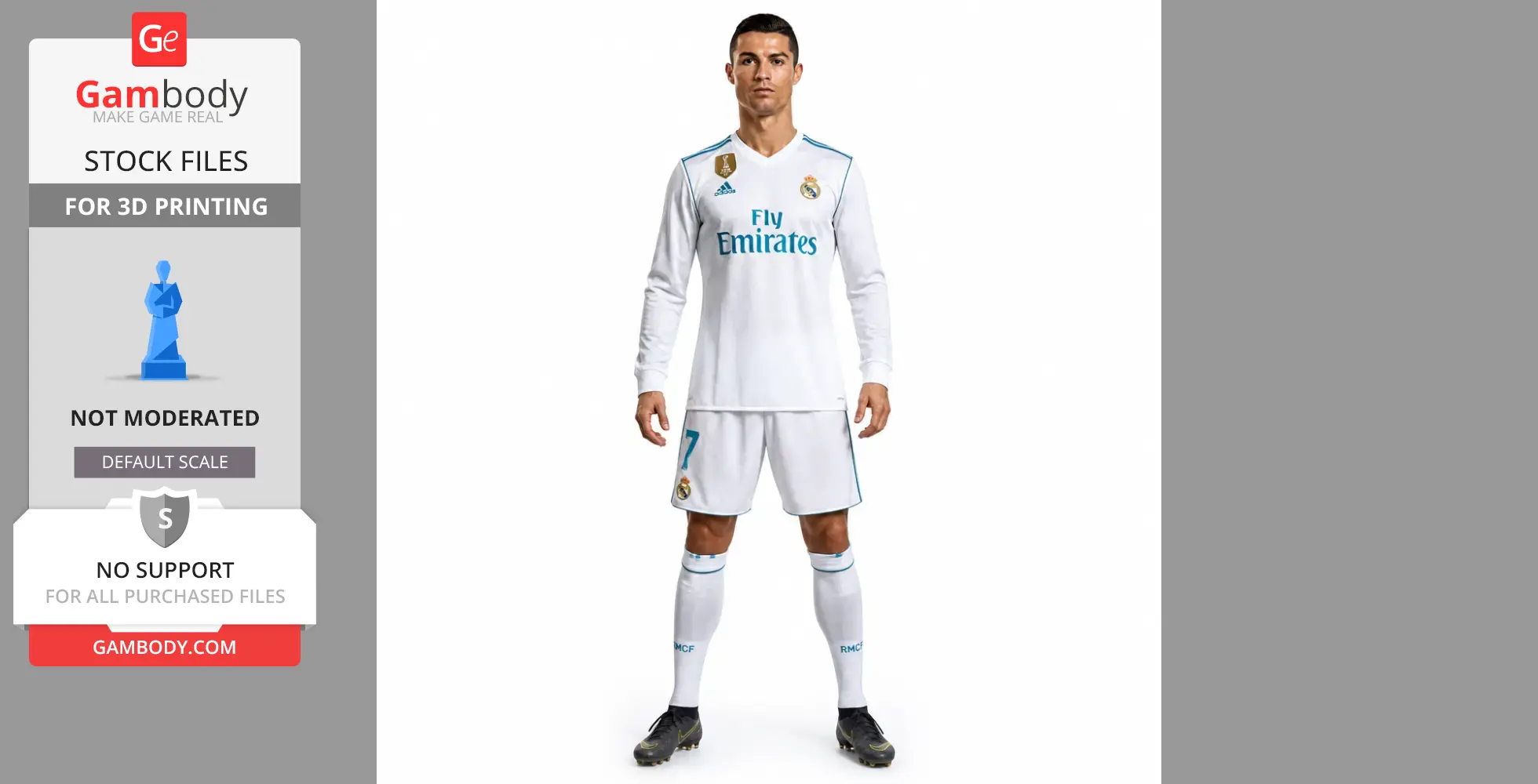 3D model of a soccer player in a white uniform, ready for 3D printing, available on Gambody.