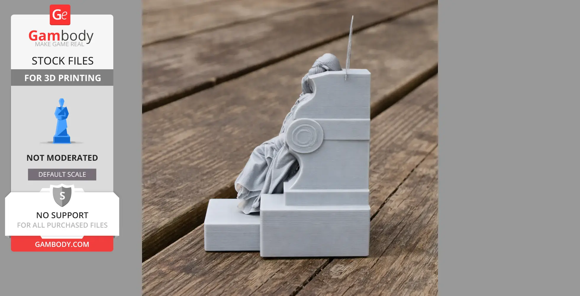 3D printed Spartan warrior model seated against a geometric structure, on a wooden surface.
