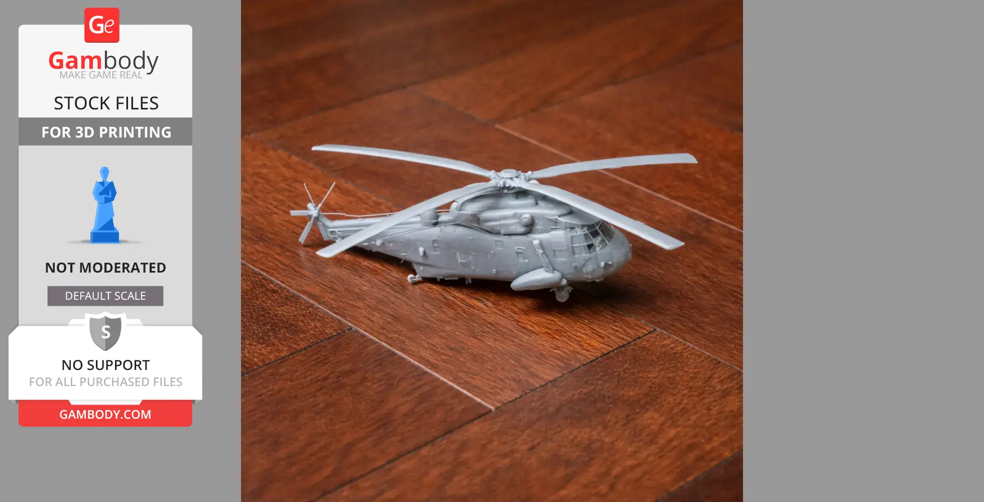 A 3D-printed model of a Westland Sea King helicopter on a wooden floor.