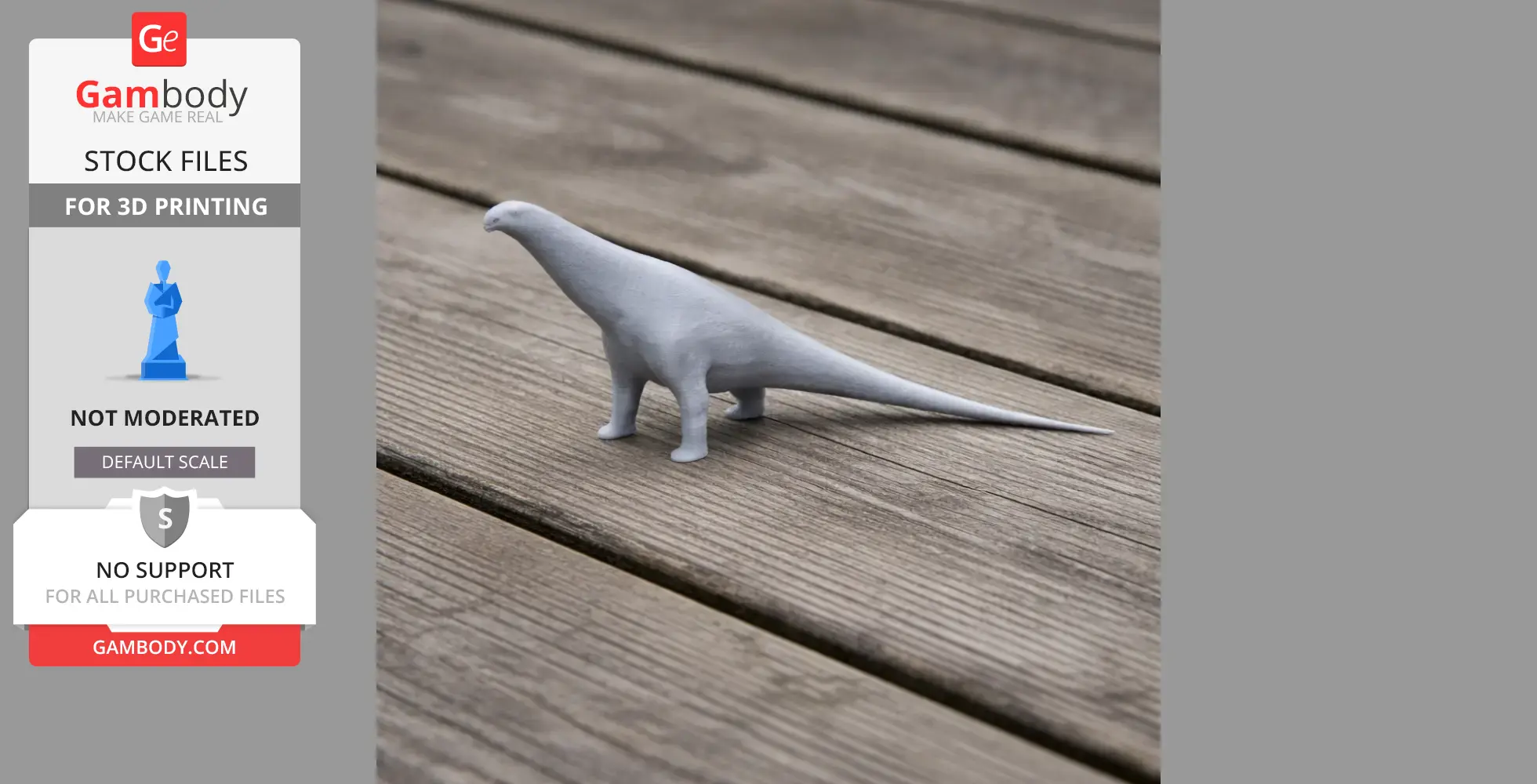 A 3D printed model of an Isisaurus dinosaur standing on a wooden surface.