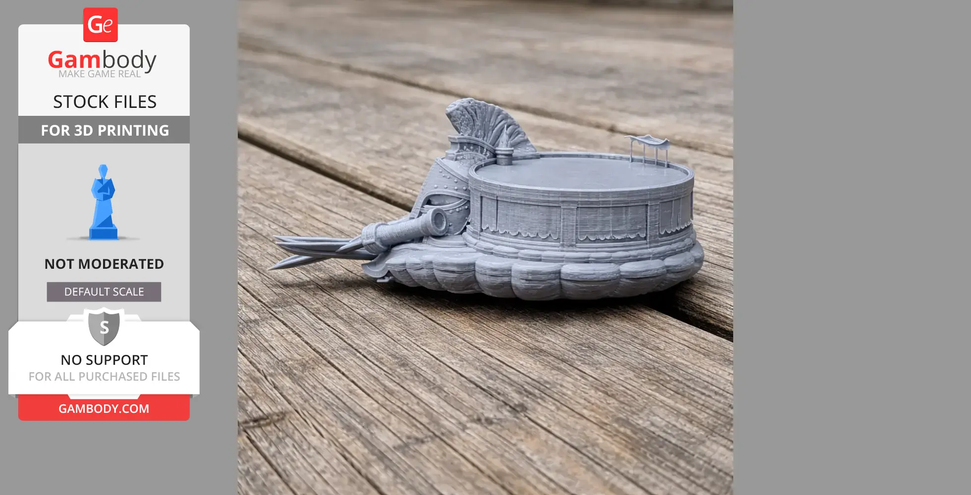 3D-printed miniature of a Roman colosseum on a chariot with gladiator helmet and weapons.