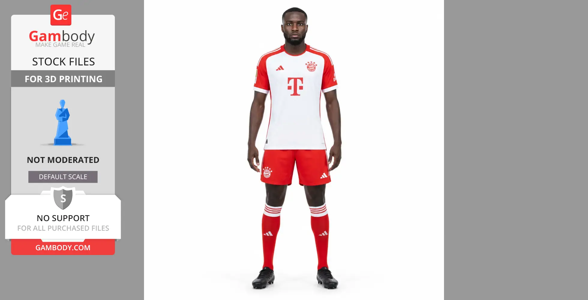 A soccer player in red and white uniform, standing front-facing with arms at sides.