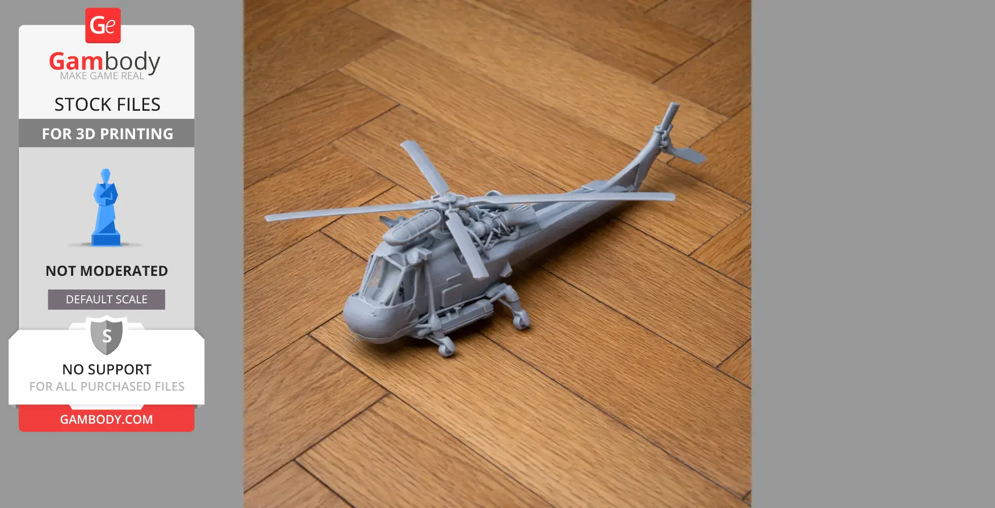 A detailed 3D-printed model of a Westland Wasp helicopter on wooden flooring.