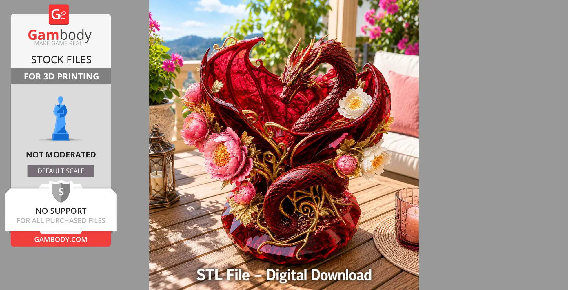 A red dragon bowl adorned with ornate flowers, set on a wooden table with outdoor decor.