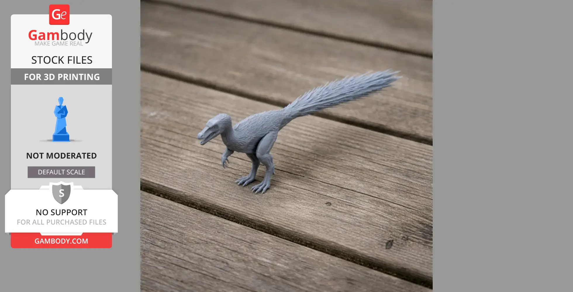 A small, detailed 3D-printed dinosaur model with a long tail on a wooden surface.