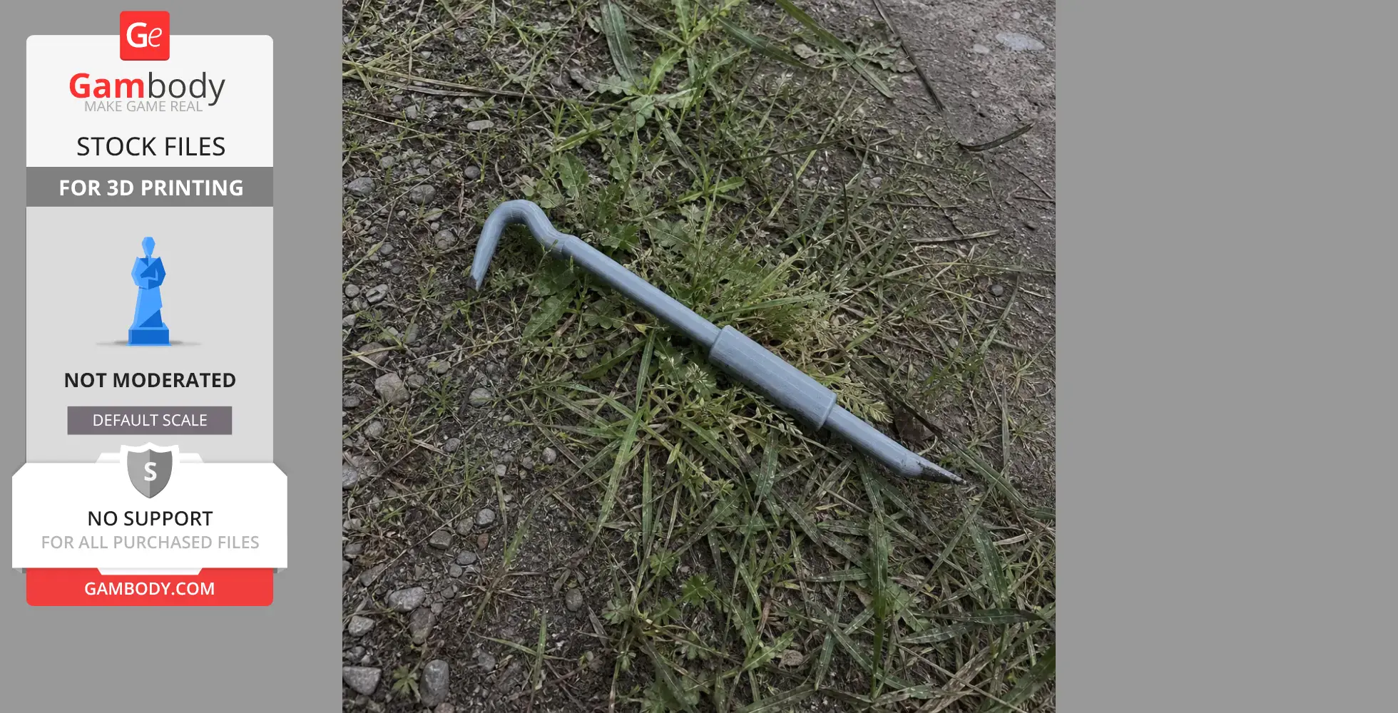 Gray crowbar model laying on grass and gravel, designed for 3D printing.