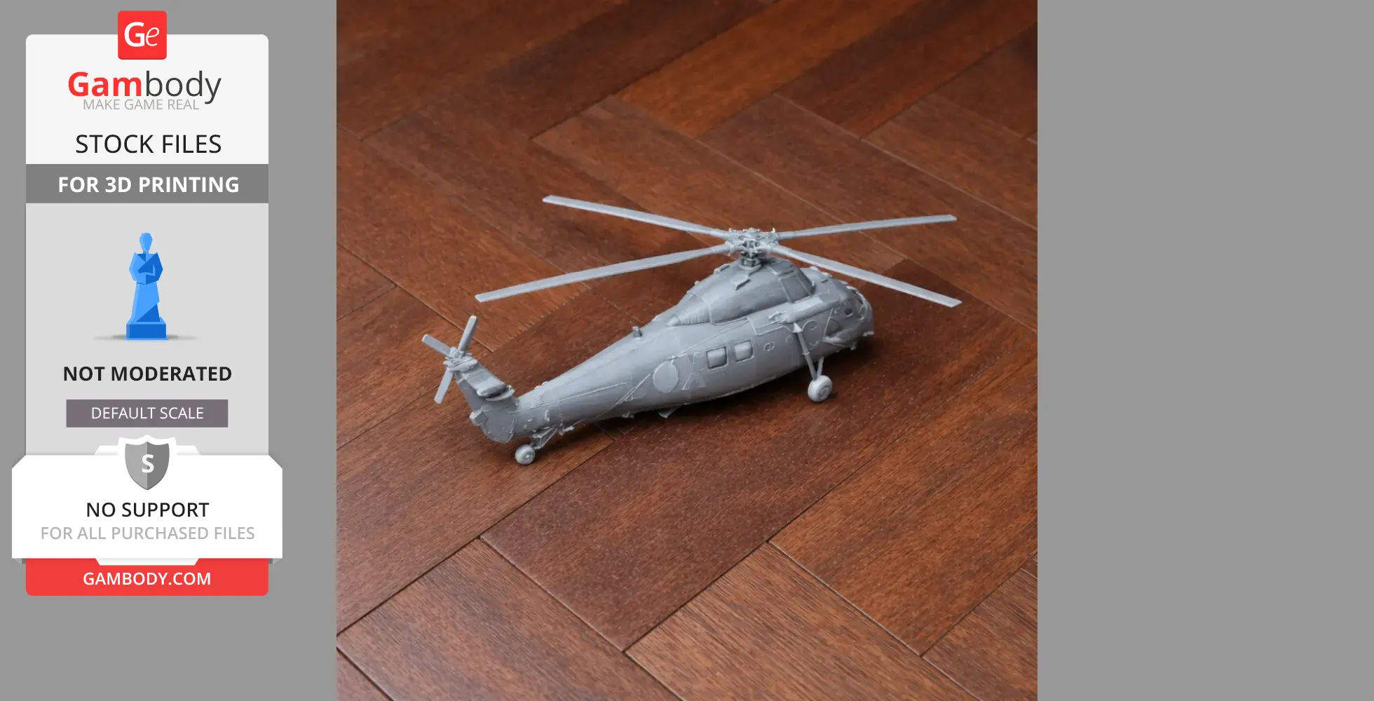 Gray 3D-printed Westland Wessex helicopter model on a wooden floor.