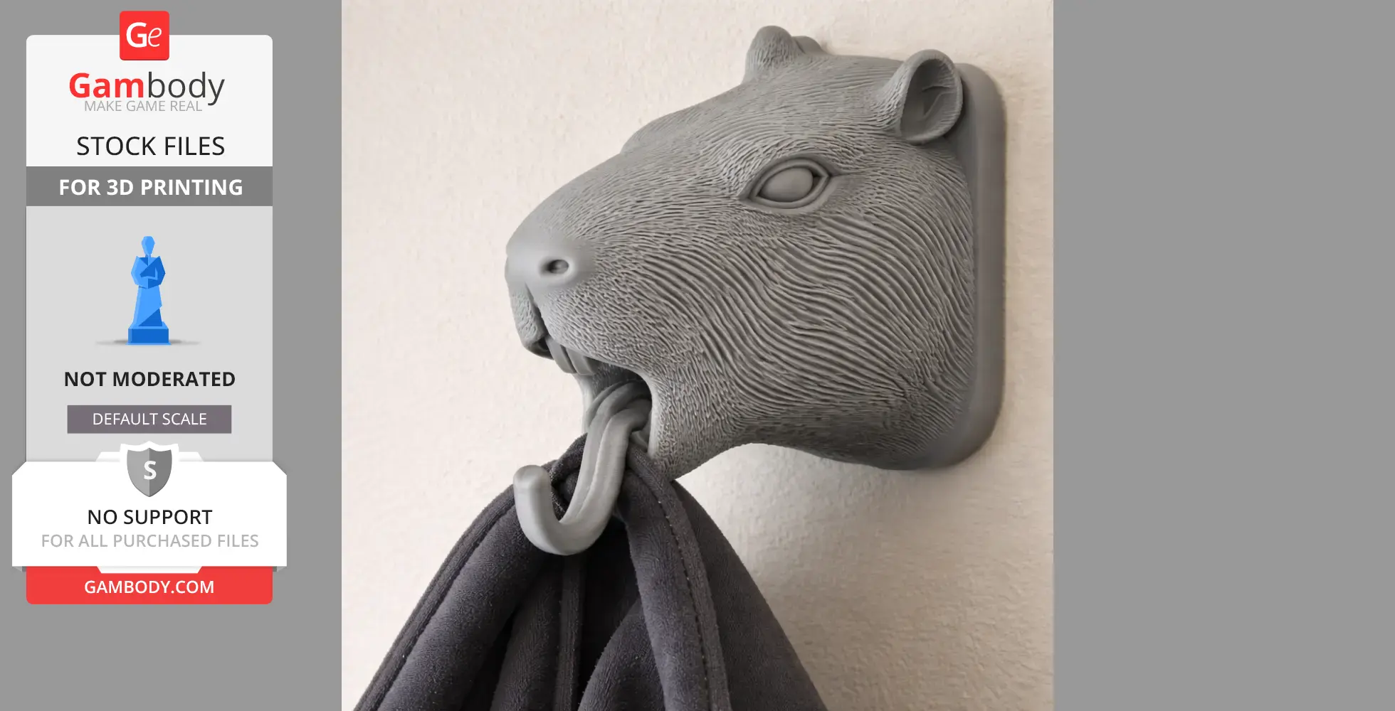 Capybara wall-mounted hook holding a gray towel, designed for 3D printing.