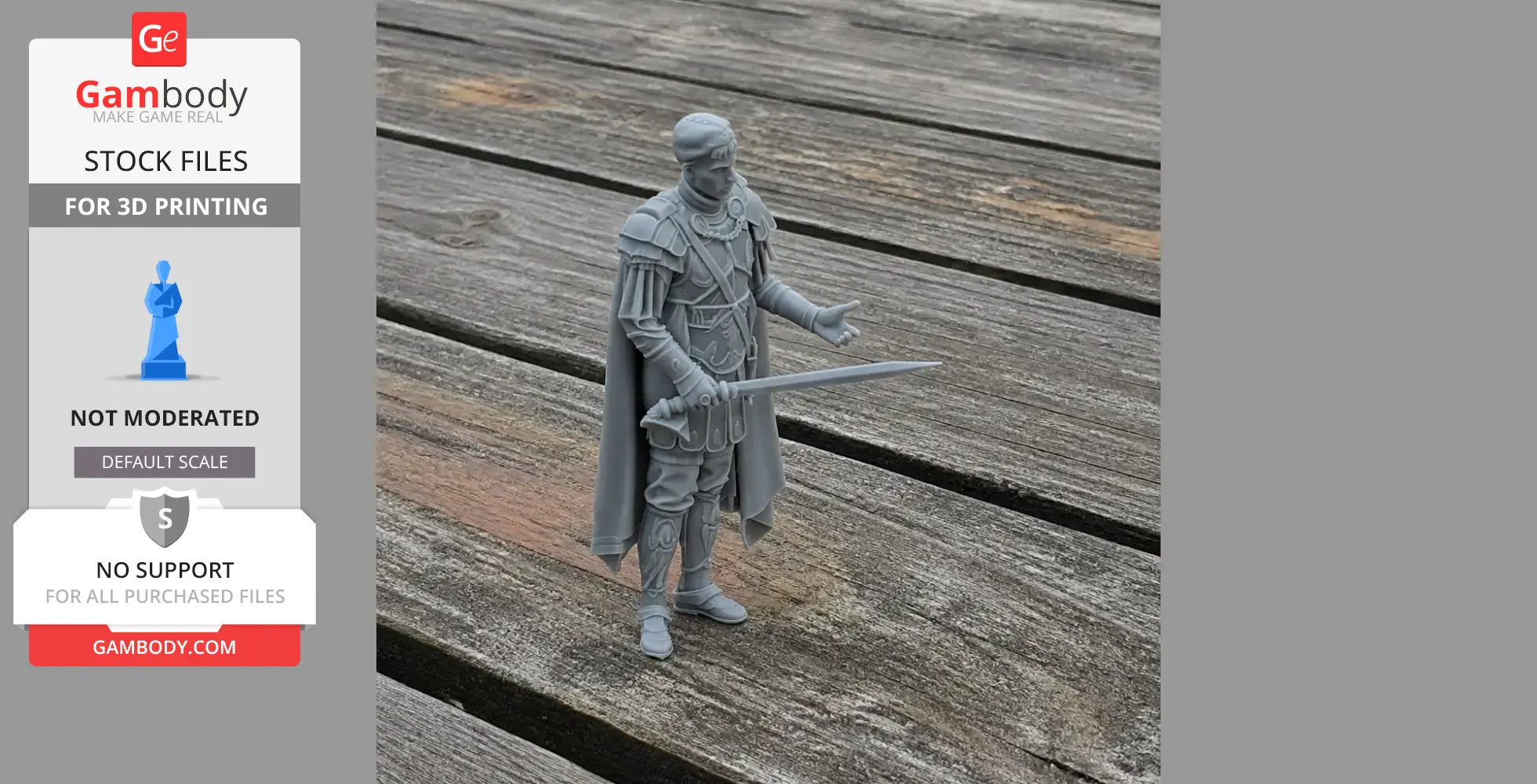 A 3D-printed gladiator figure holding a sword, wearing detailed armor and a cape, stands on wood.
