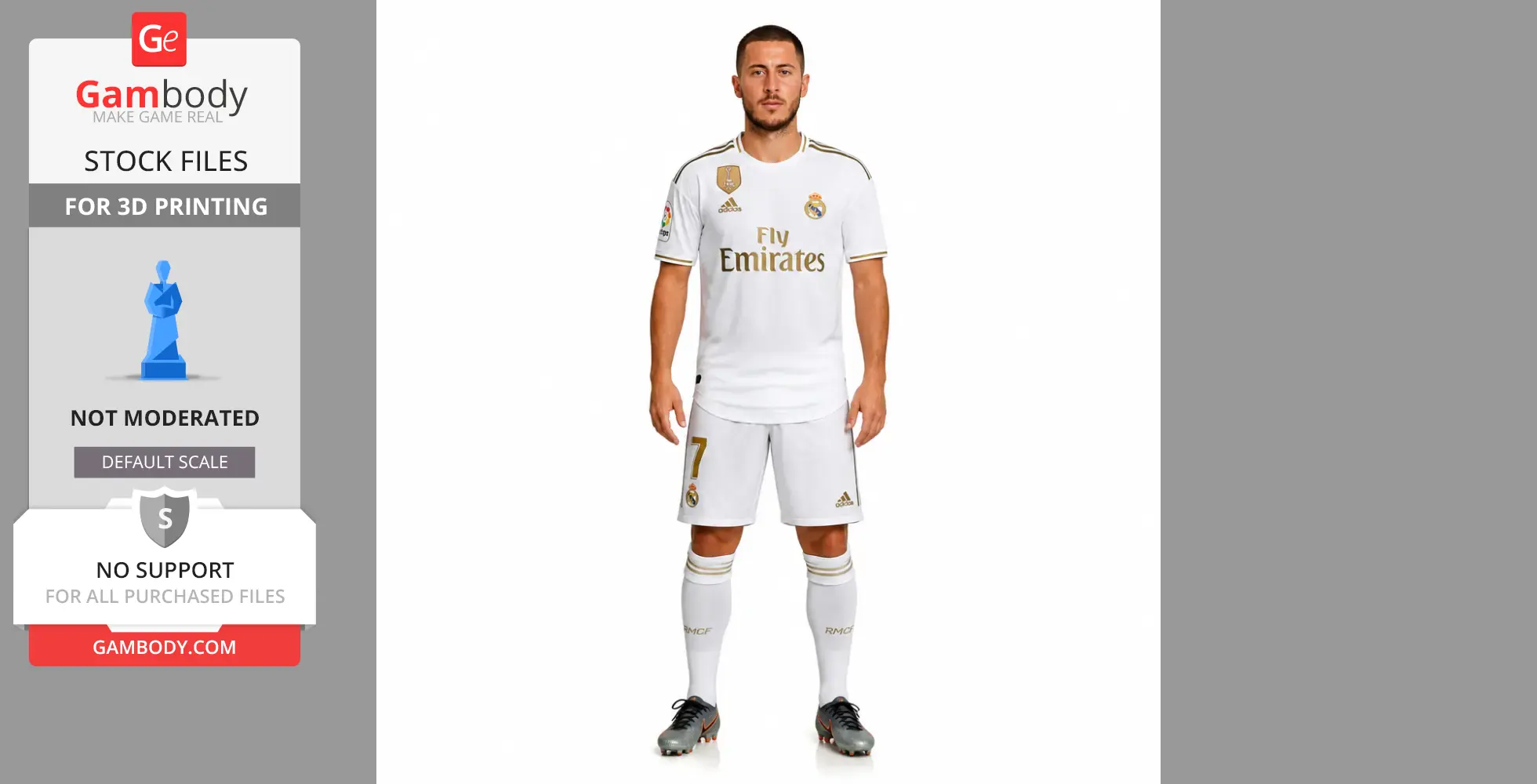 3D model of a soccer player in a white jersey, number 7, for 3D printing, shown on Gambody stock page.