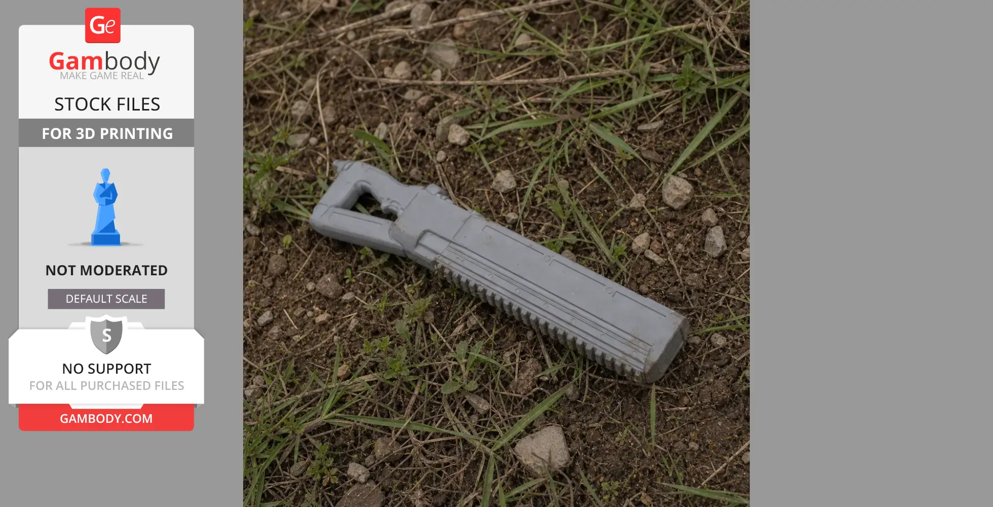 3D printed grey futuristic saw replica on the ground with grass and rocks.