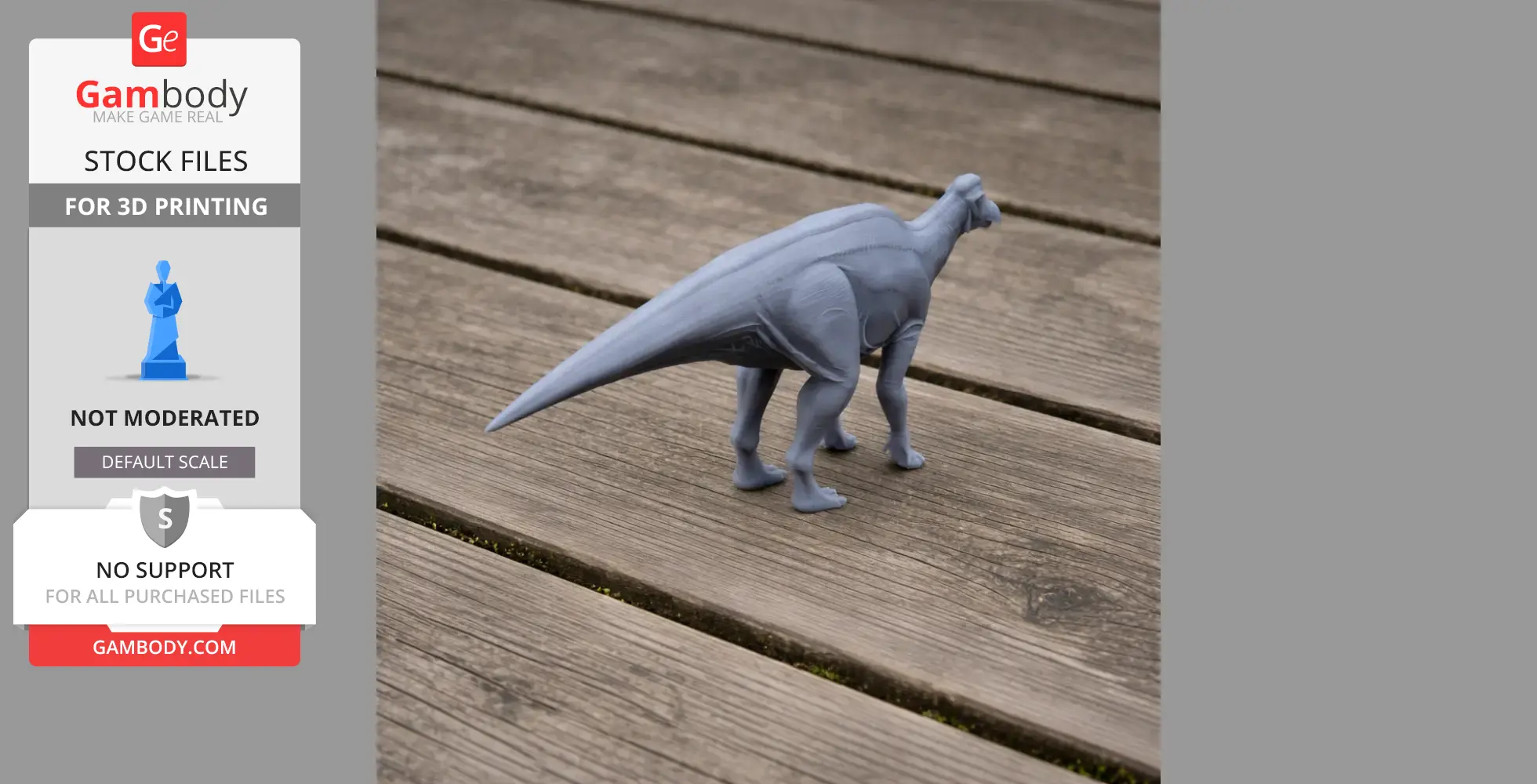 Gray 3D-printed Jaxartosaurus model on wooden planks, shown from a rear side view.