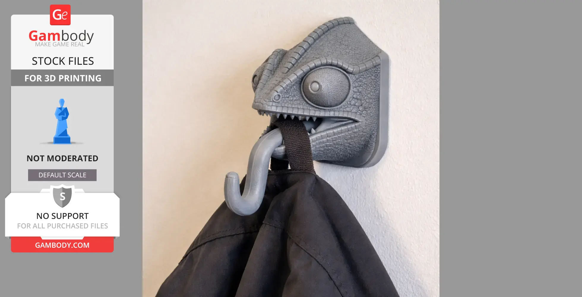3D chameleon head wall hook holding a black coat.