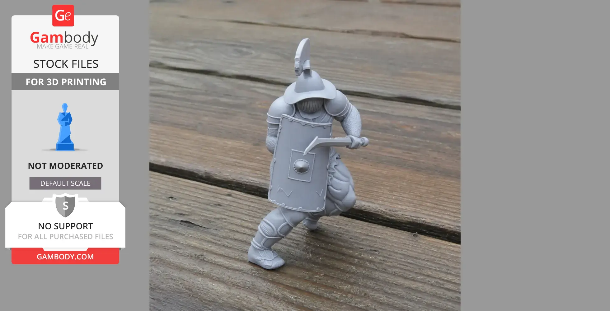 A detailed 3D printed model of a gladiator in armor, wielding a shield and sword.