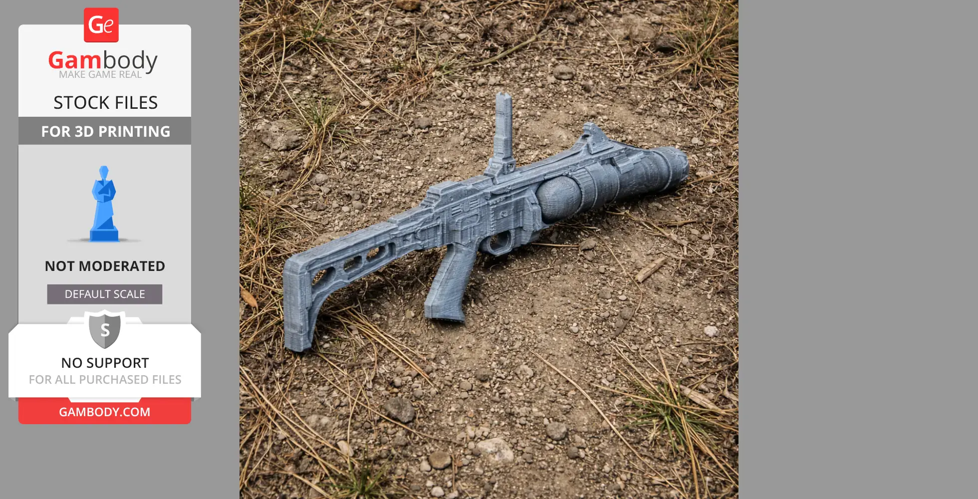 A 3D-printed model of a futuristic gun resting on rocky ground.