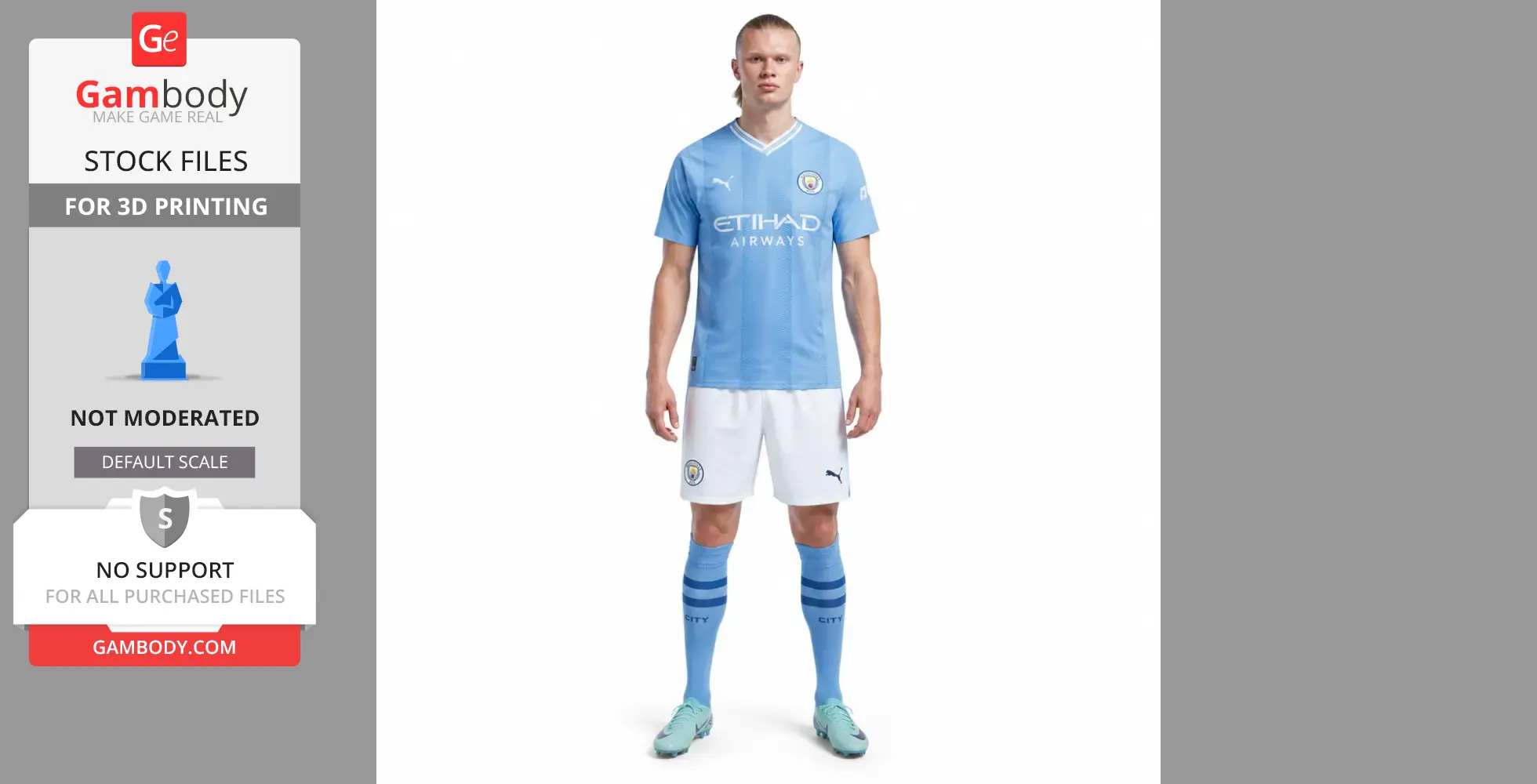 3D print model of a soccer player in a light blue jersey and white shorts, standing on a base.