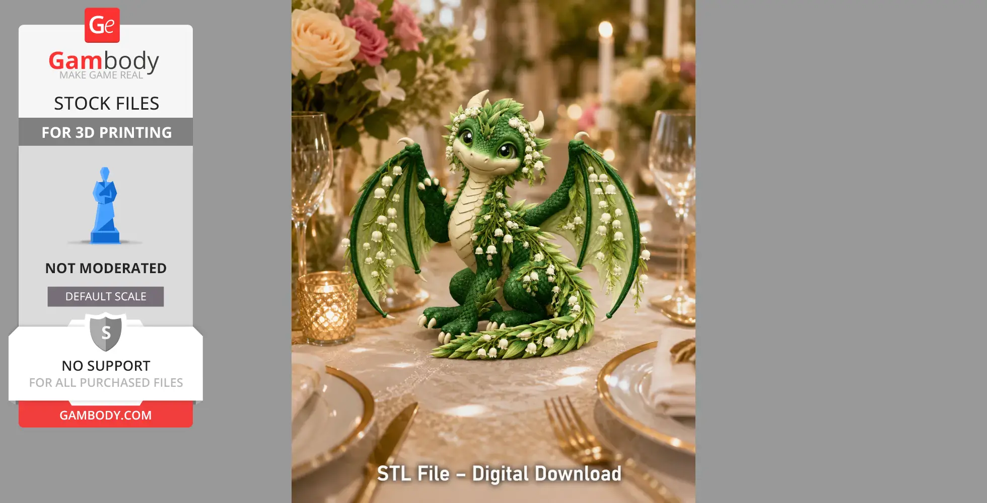A cute baby dragon with lily of the valley flowers, set on an elegant dinner table.