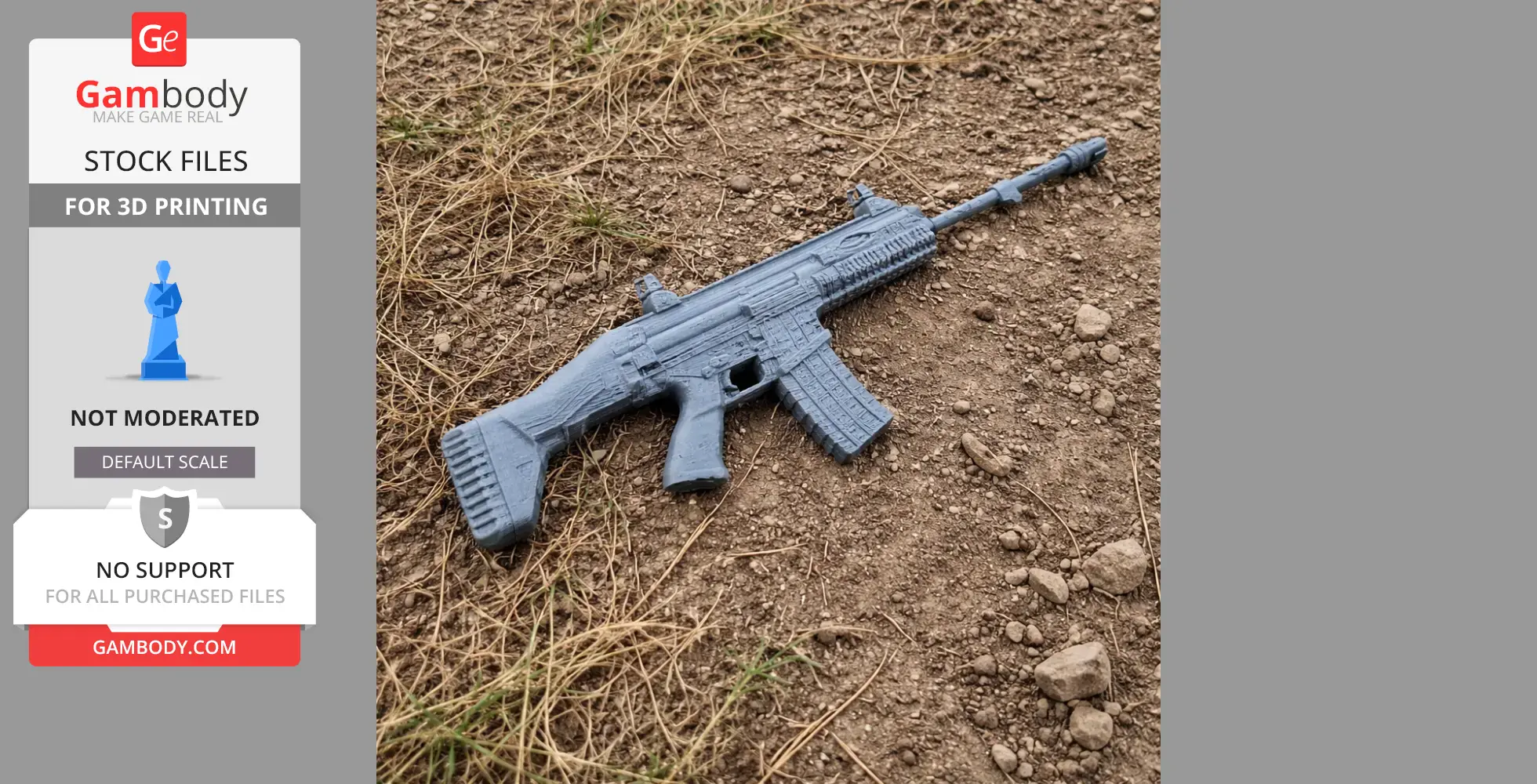 A 3D-printed model of a rifle, resembling an assault weapon, lying on rocky ground.