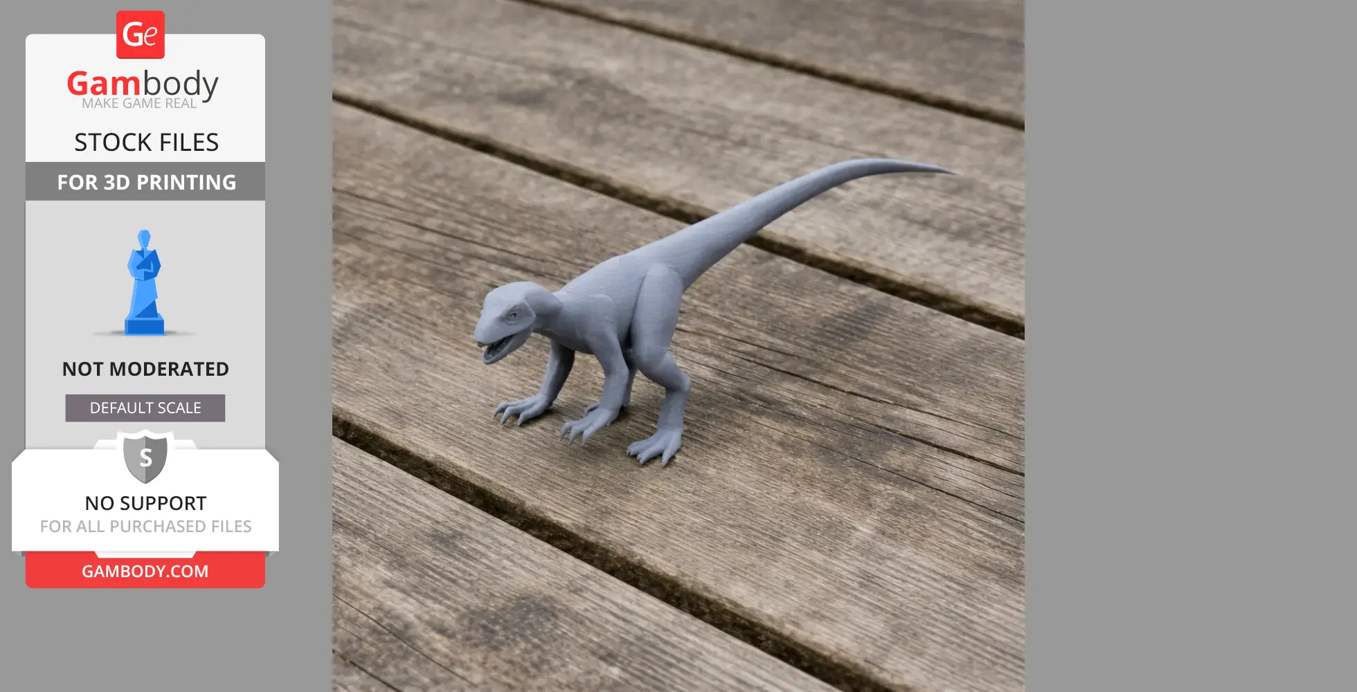 A gray 3D-printed model of a Jeholosaurus dinosaur on a wooden surface.