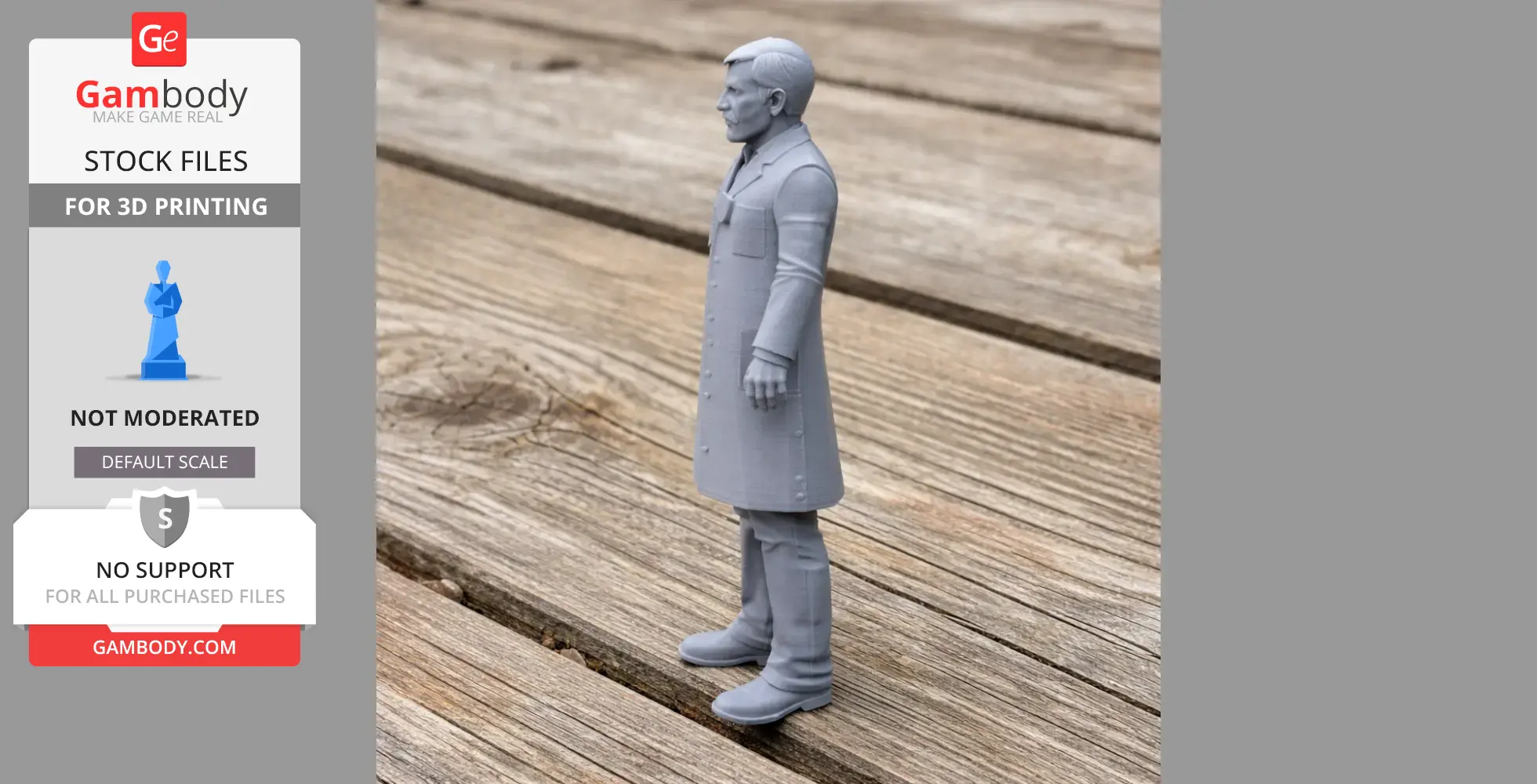 A 3D-printed figurine of a cowboy gunslinger in a long coat standing on a wooden surface.