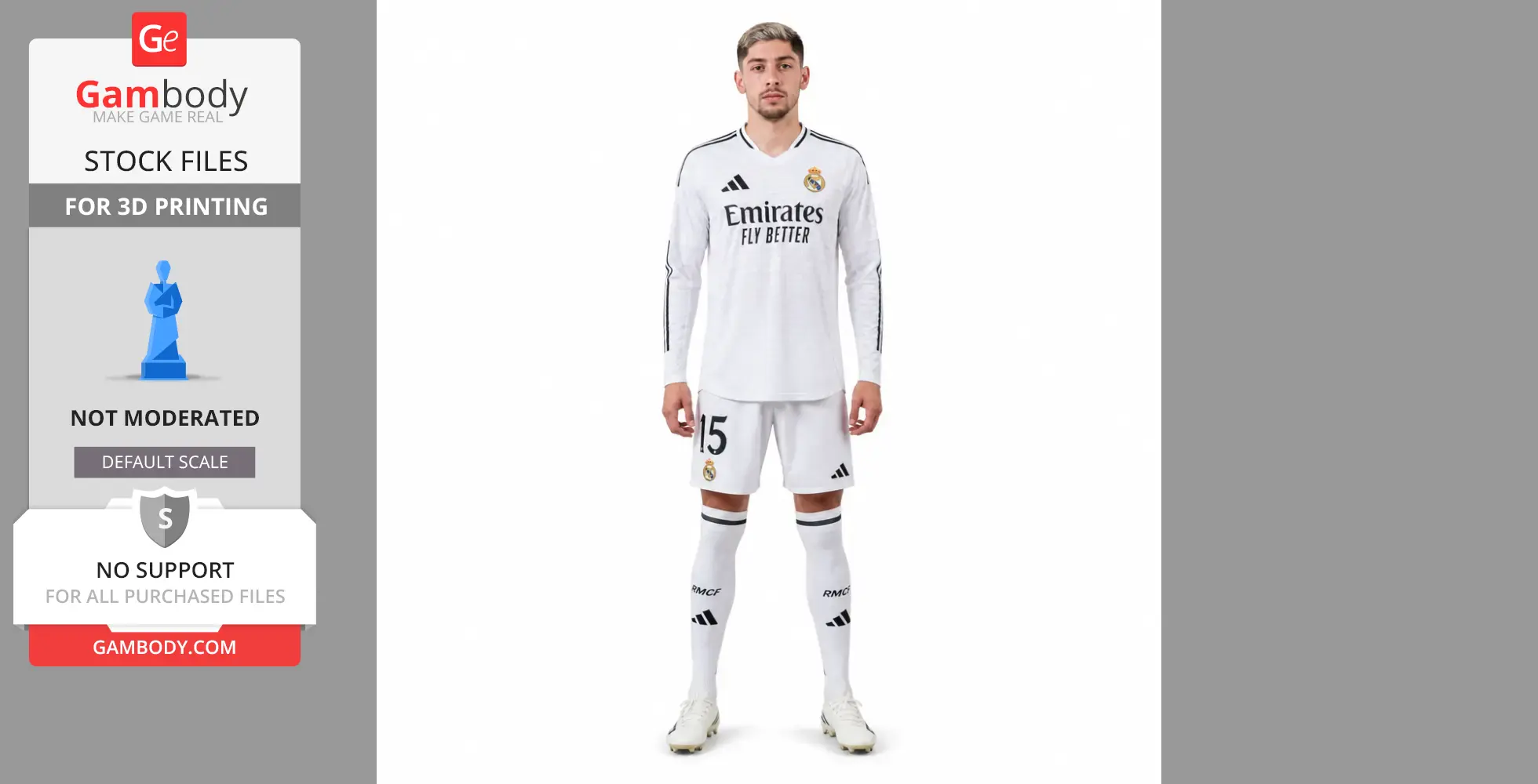 A 3D model of a soccer player in a white Real Madrid jersey, numbered 15, standing upright.