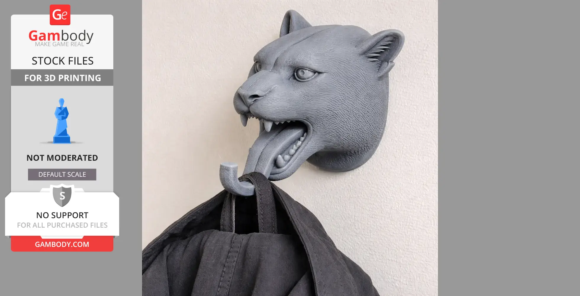 3D printed cheetah head wall hook holding a jacket with its tongue.