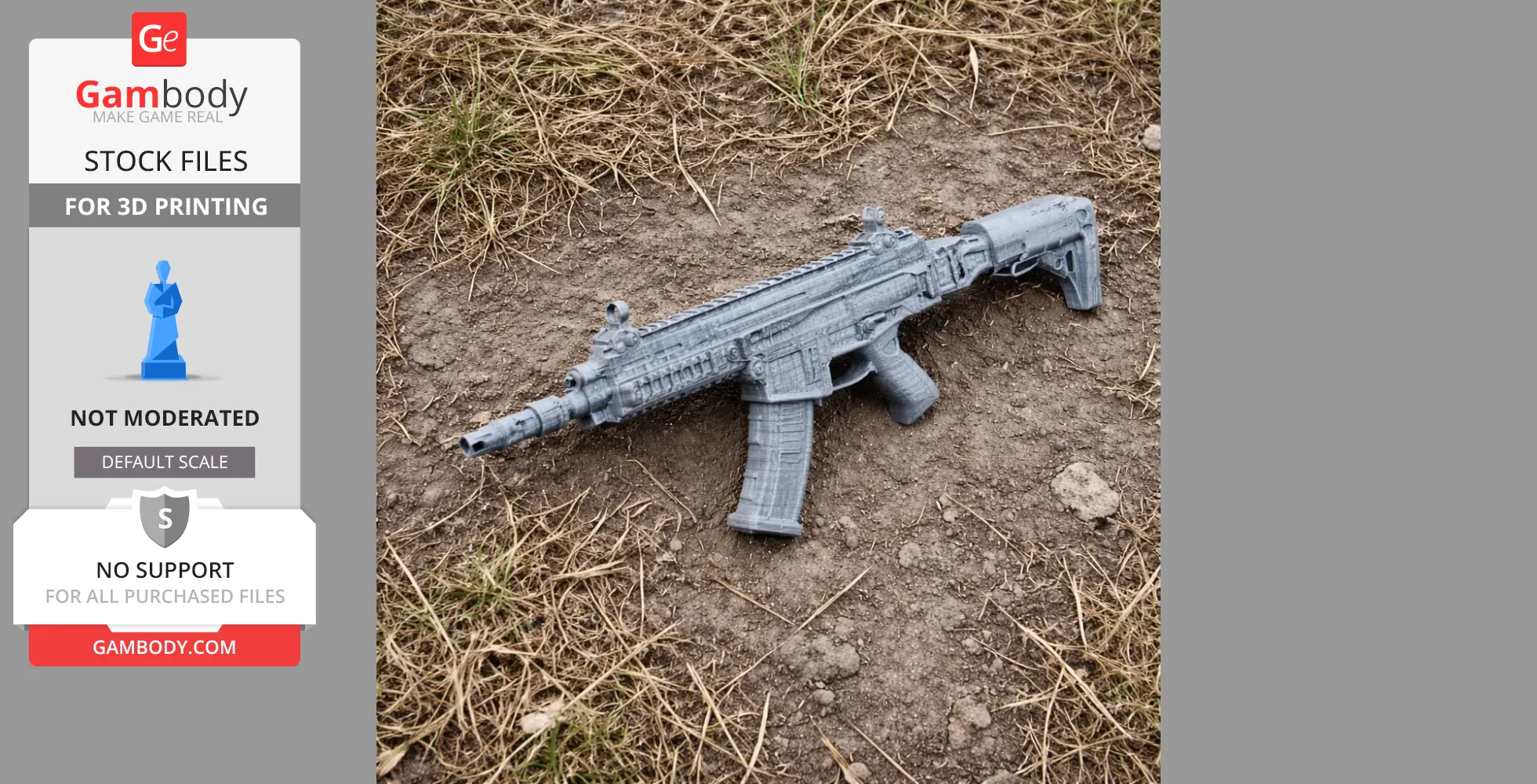 Gray 3D-printed CZ Bren 805 rifle model lying on dirt and grass.