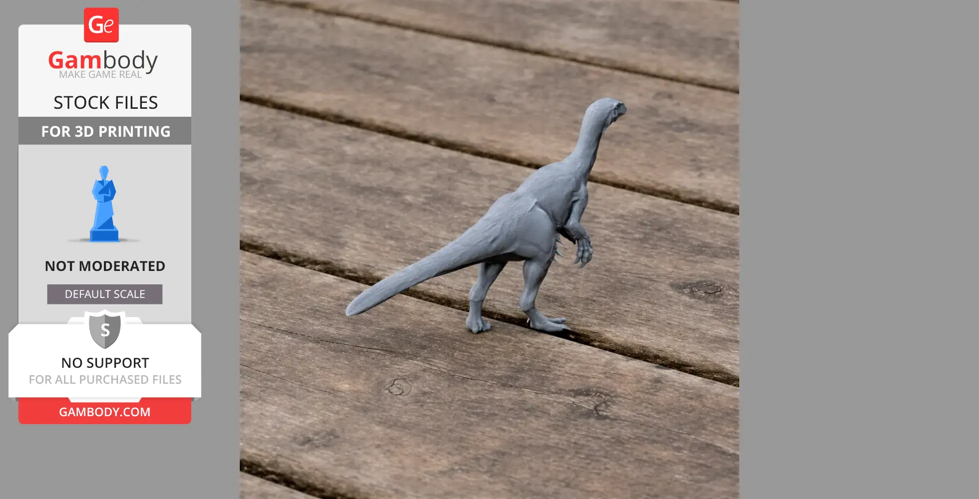 A 3D printed model of a Jianchangosaurus dinosaur standing on a wooden surface.