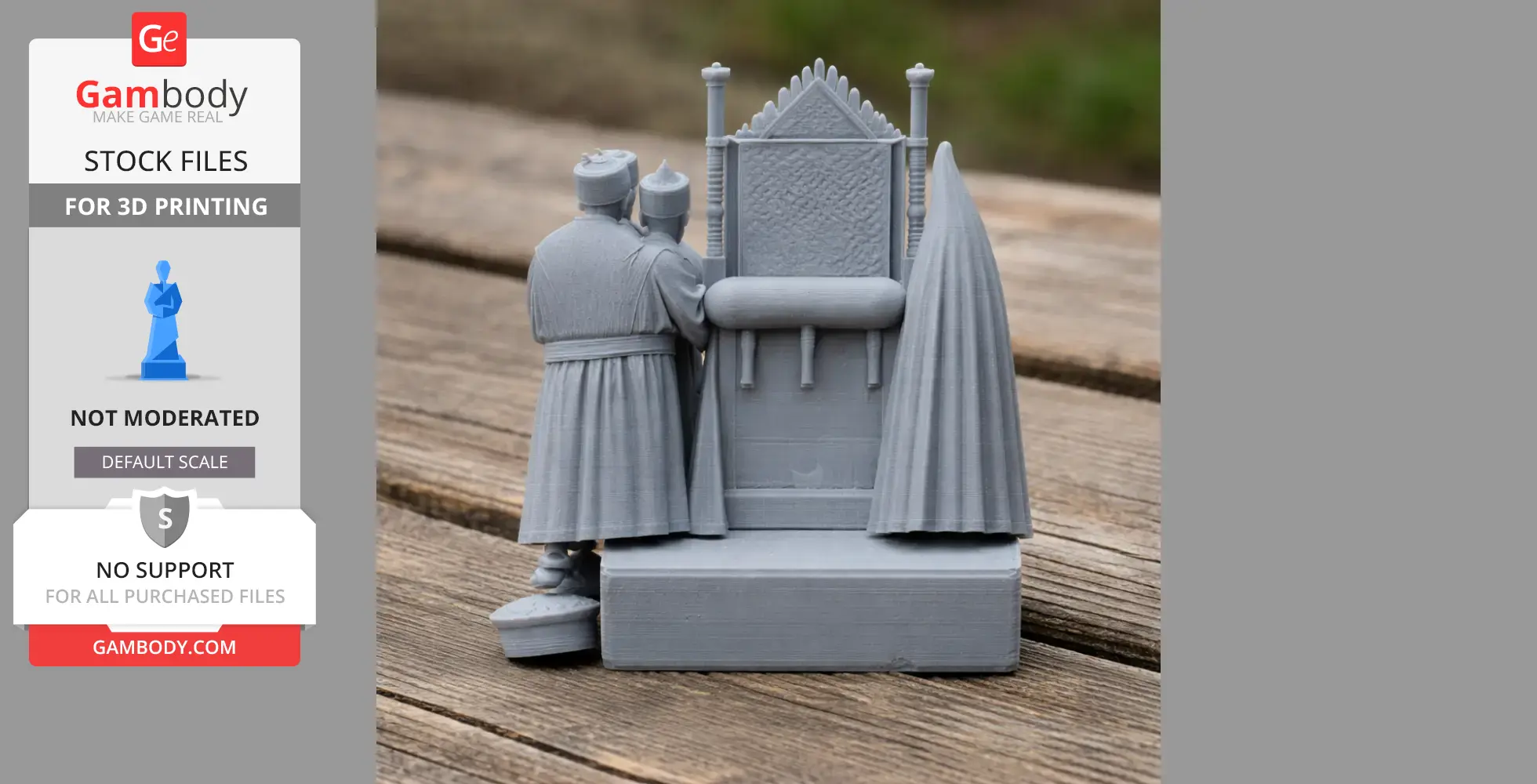 A 3D-printed sculpture of two ancient warriors standing next to an ornate, decorative panel.