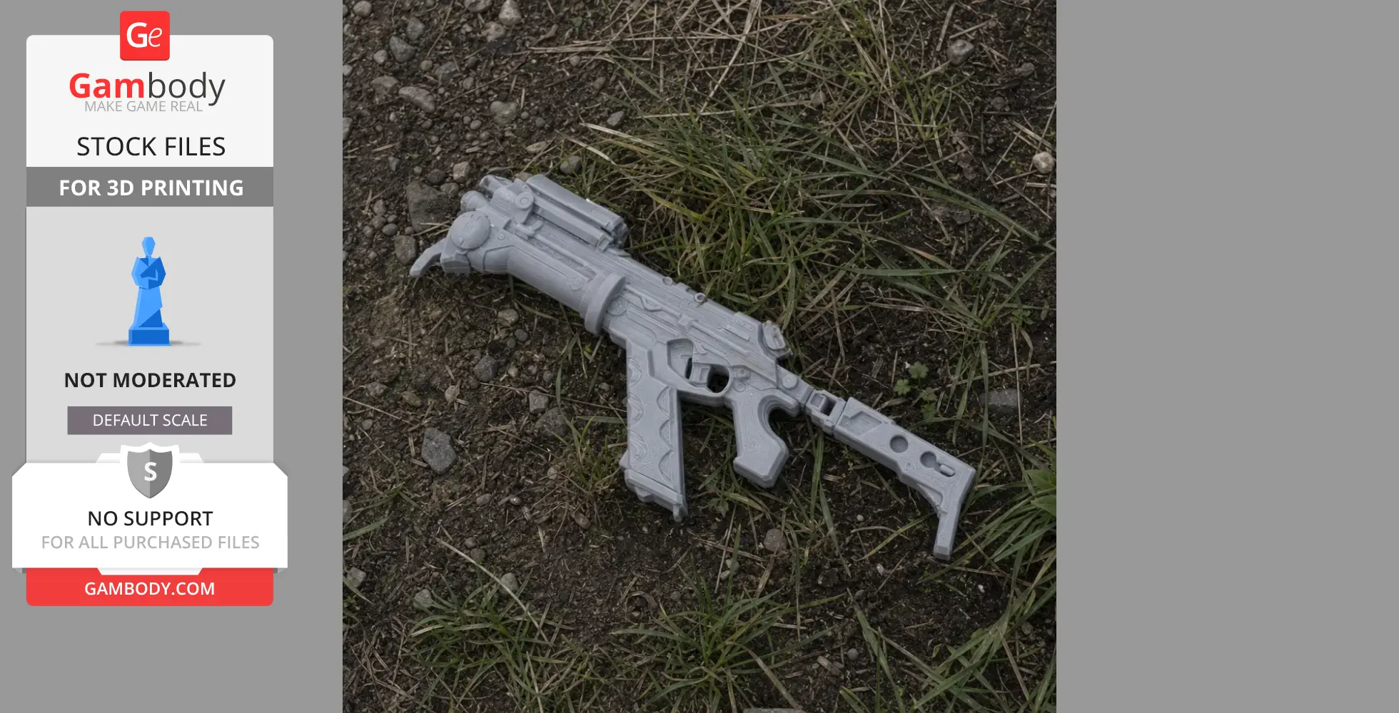 A detailed 3D-printed sci-fi gun model lying on grass and gravel.