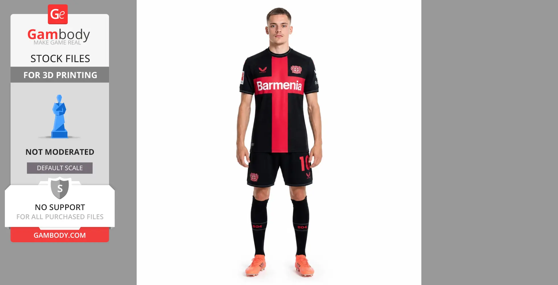 A soccer player in a black and red uniform, standing with hands by their sides, wearing orange cleats.