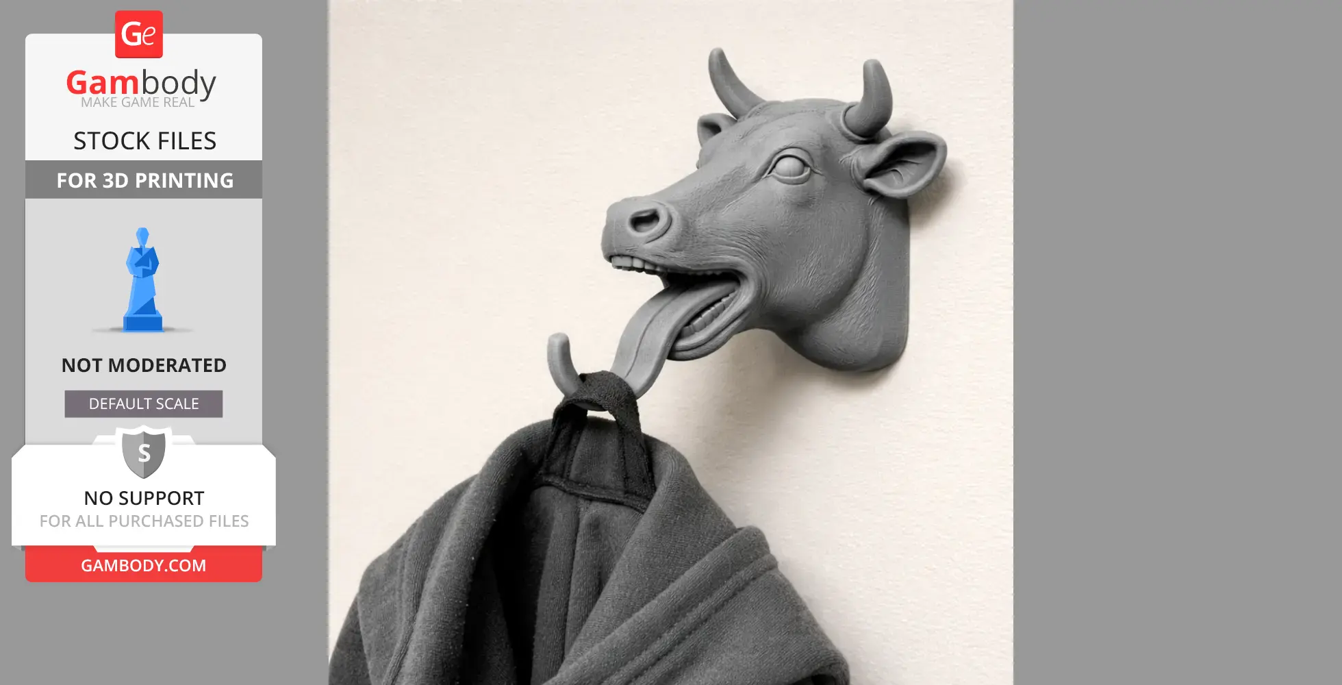 3D-printed cow head with tongue as a hook, holding a dark robe on a wall.