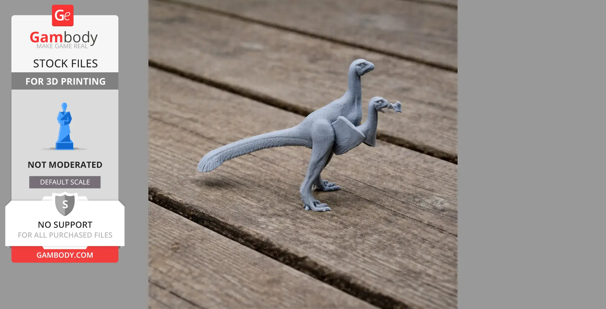 3D printed model of a bipedal dinosaur, Jianianhualong, on a wooden surface.