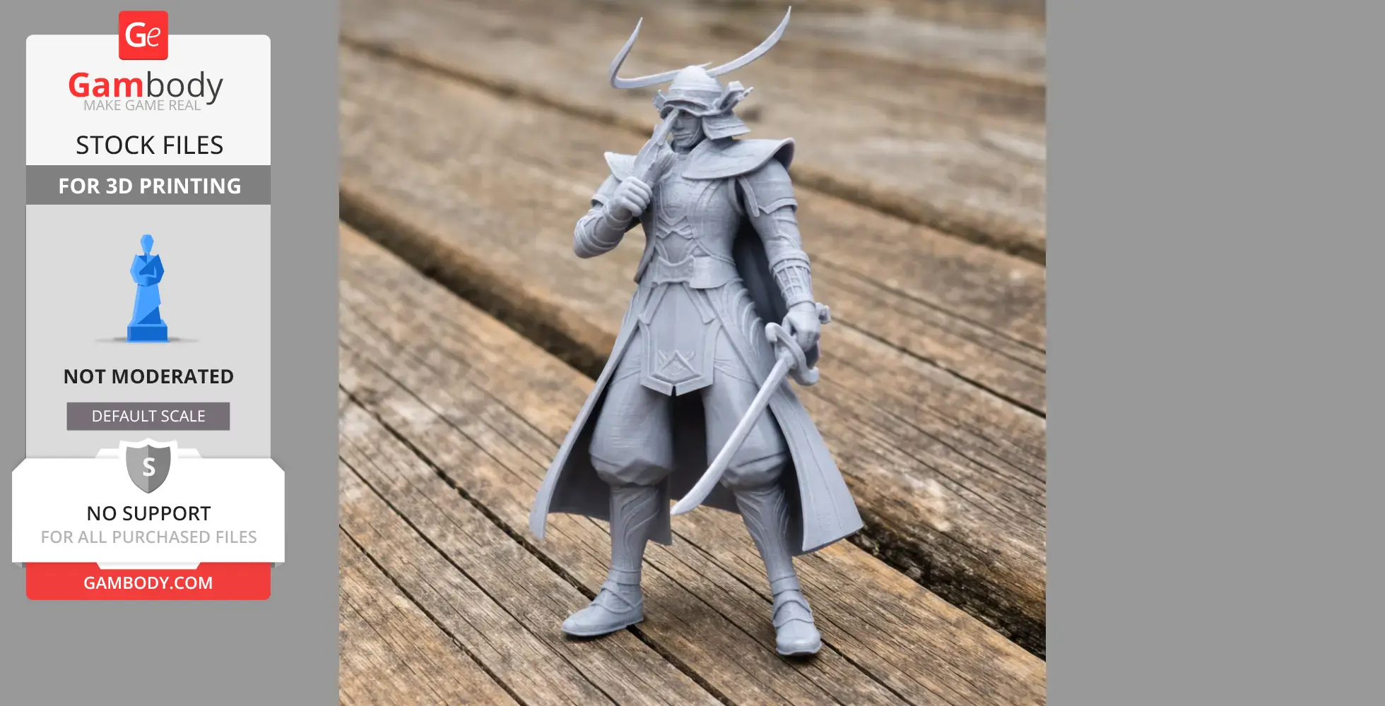 Samurai figure in armor with a helmet and horn, holding a sword, on a wooden surface.