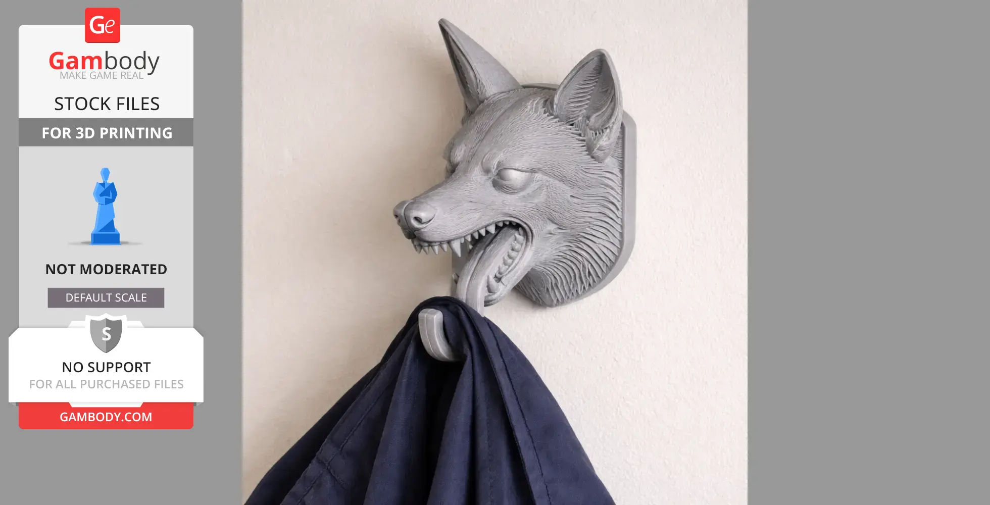 3D-printed coyote head wall hook holding a cloth with sharp detail.