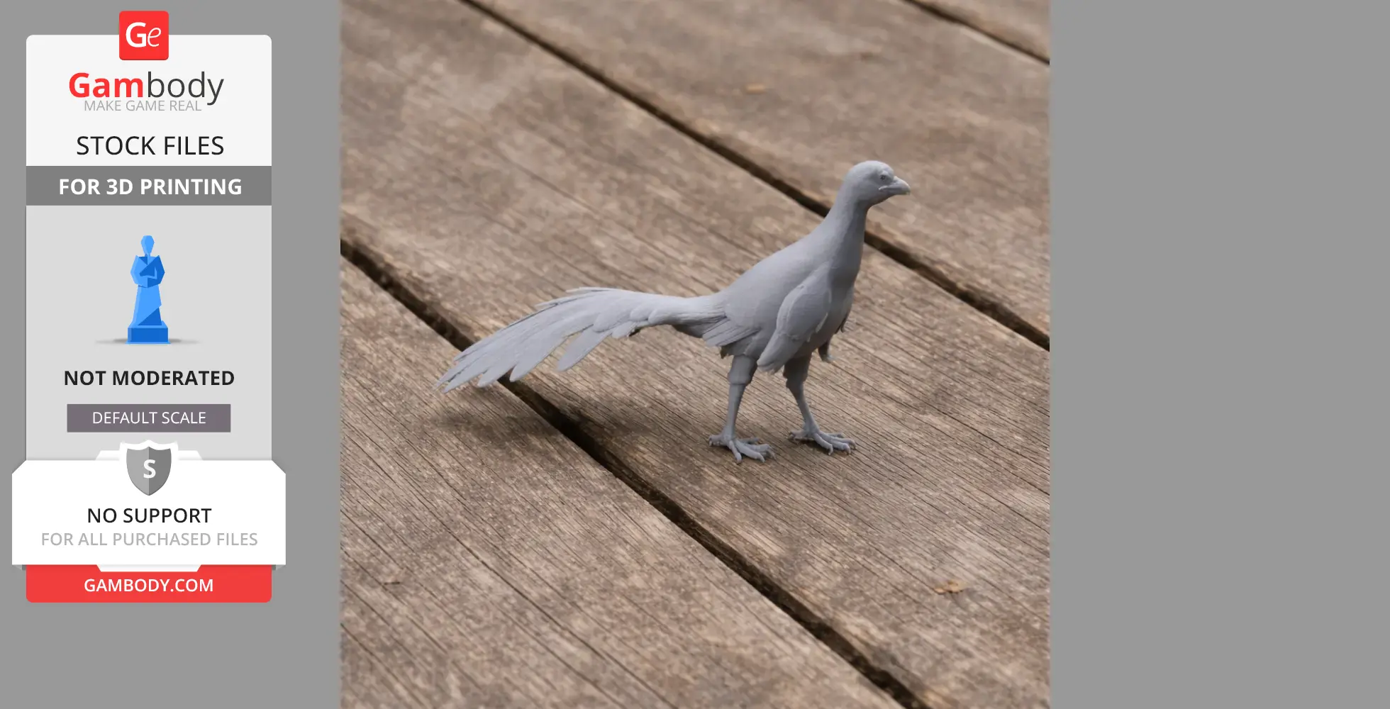 3D-printed Jinfengopteryx dinosaur model on a wooden surface.